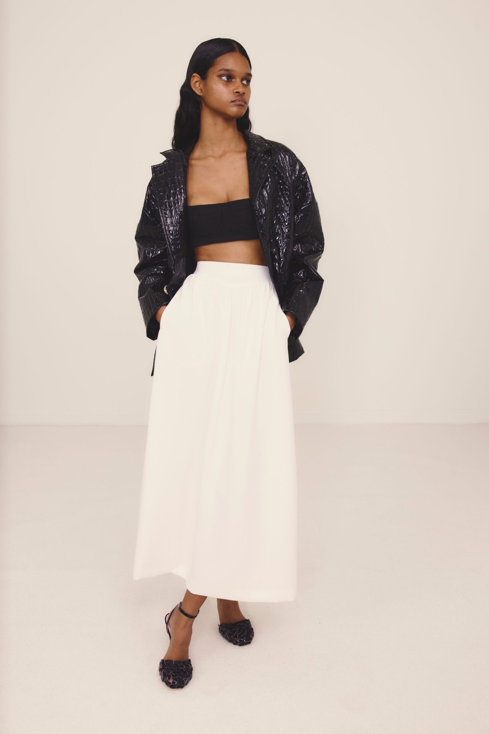black vinyl long-sleeve relaxed shiny jacket