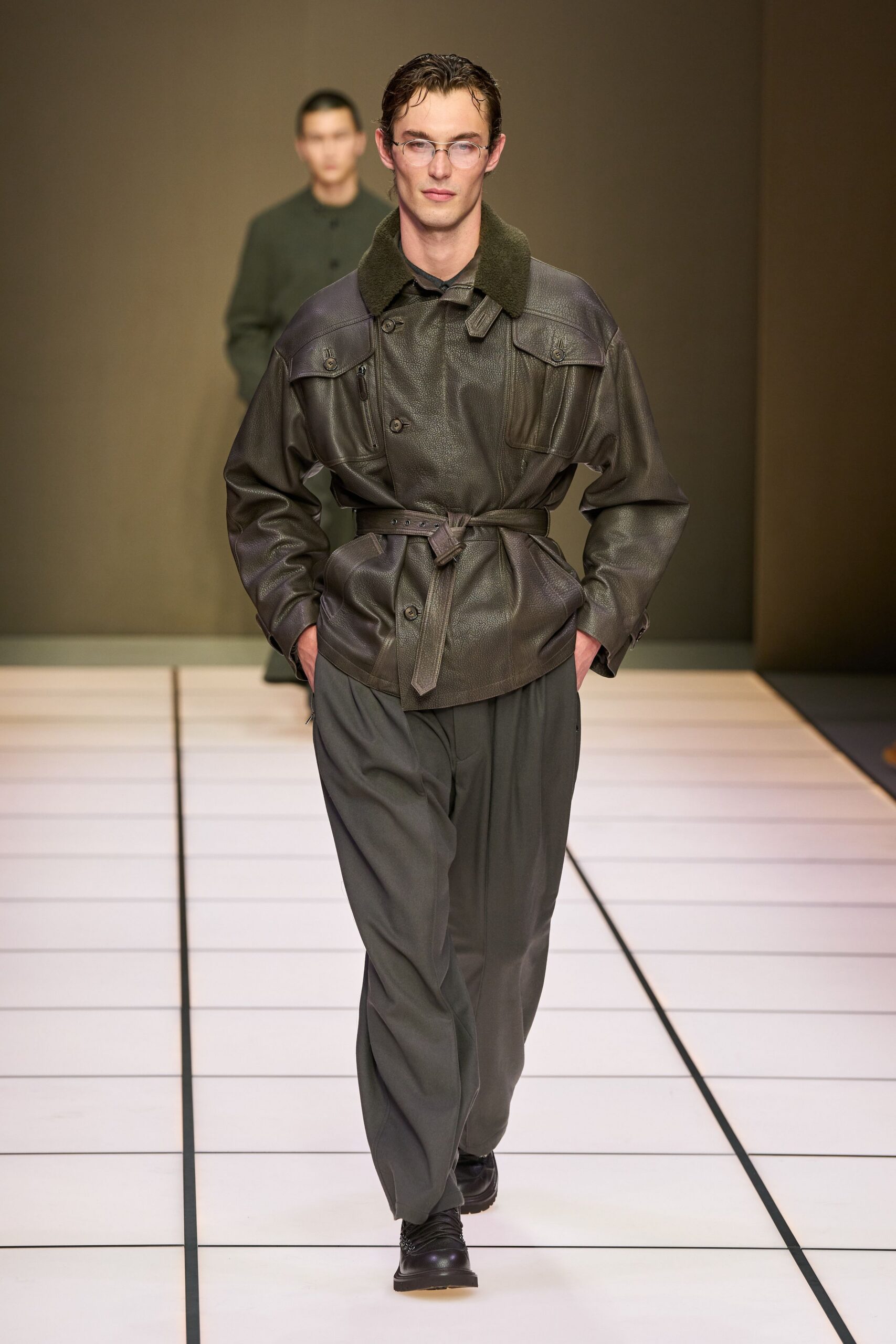 brown leather long-sleeve collared relaxed belted jacket
