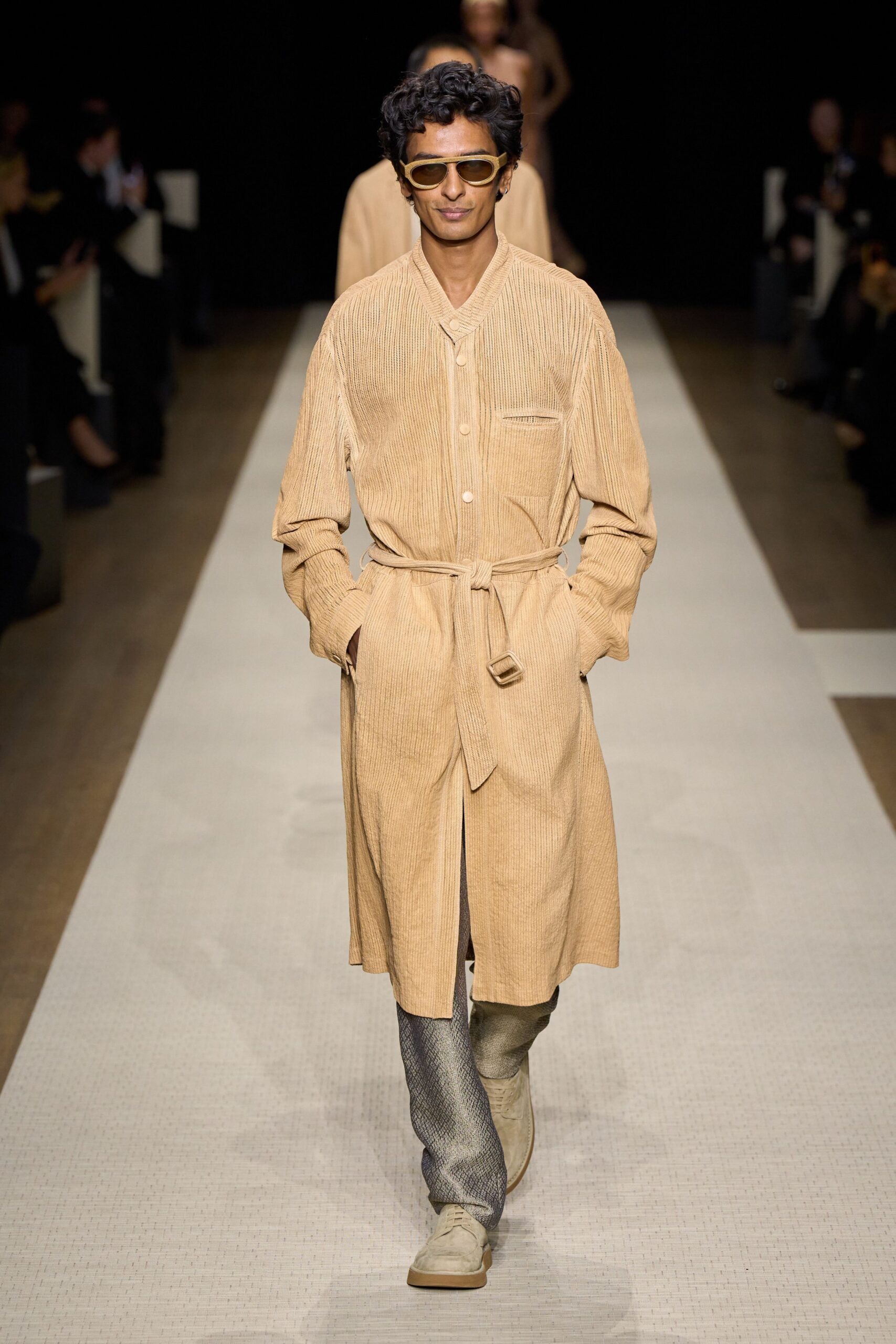 beige relaxed coat with gray pants