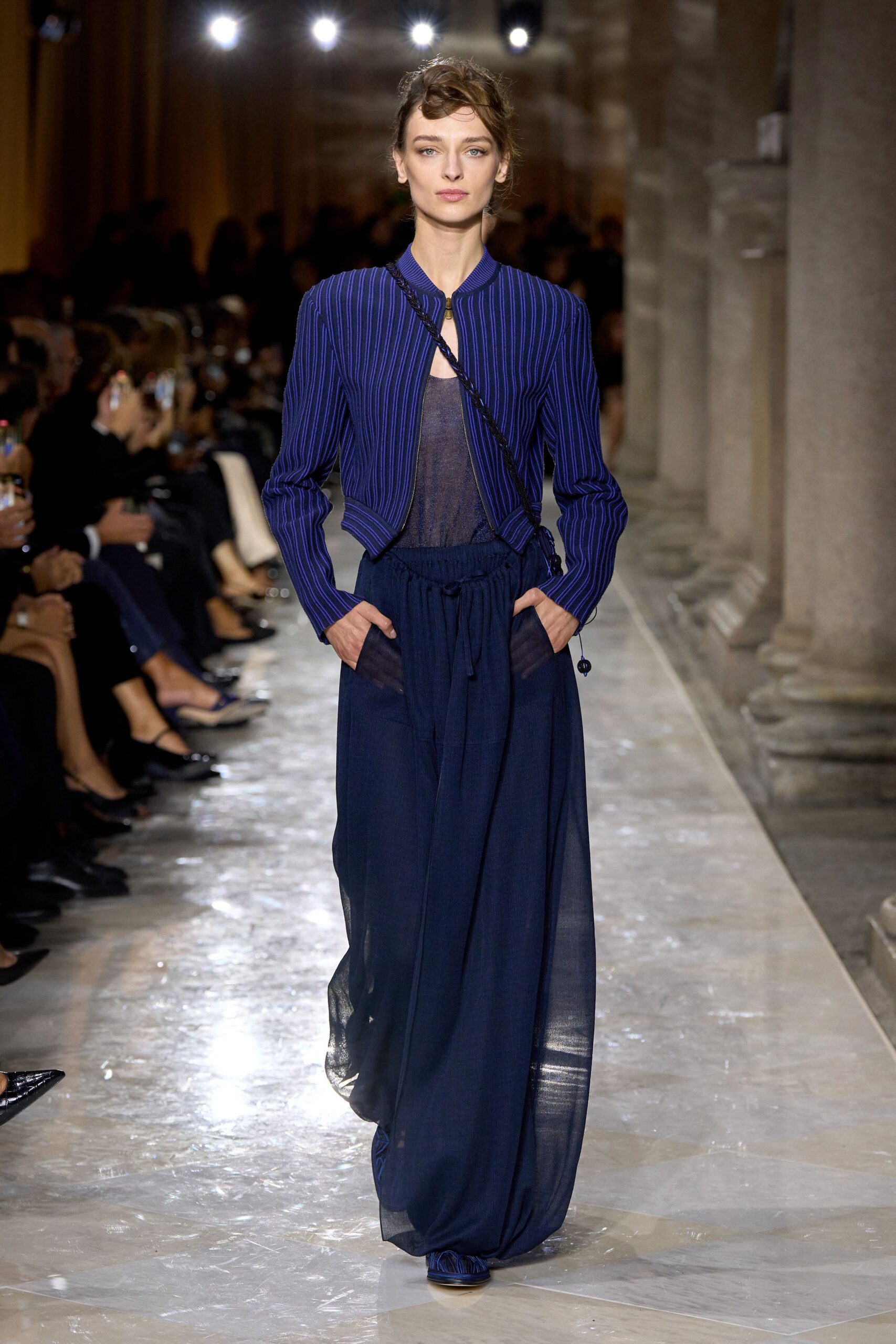 blue striped jacket with navy jumpsuit