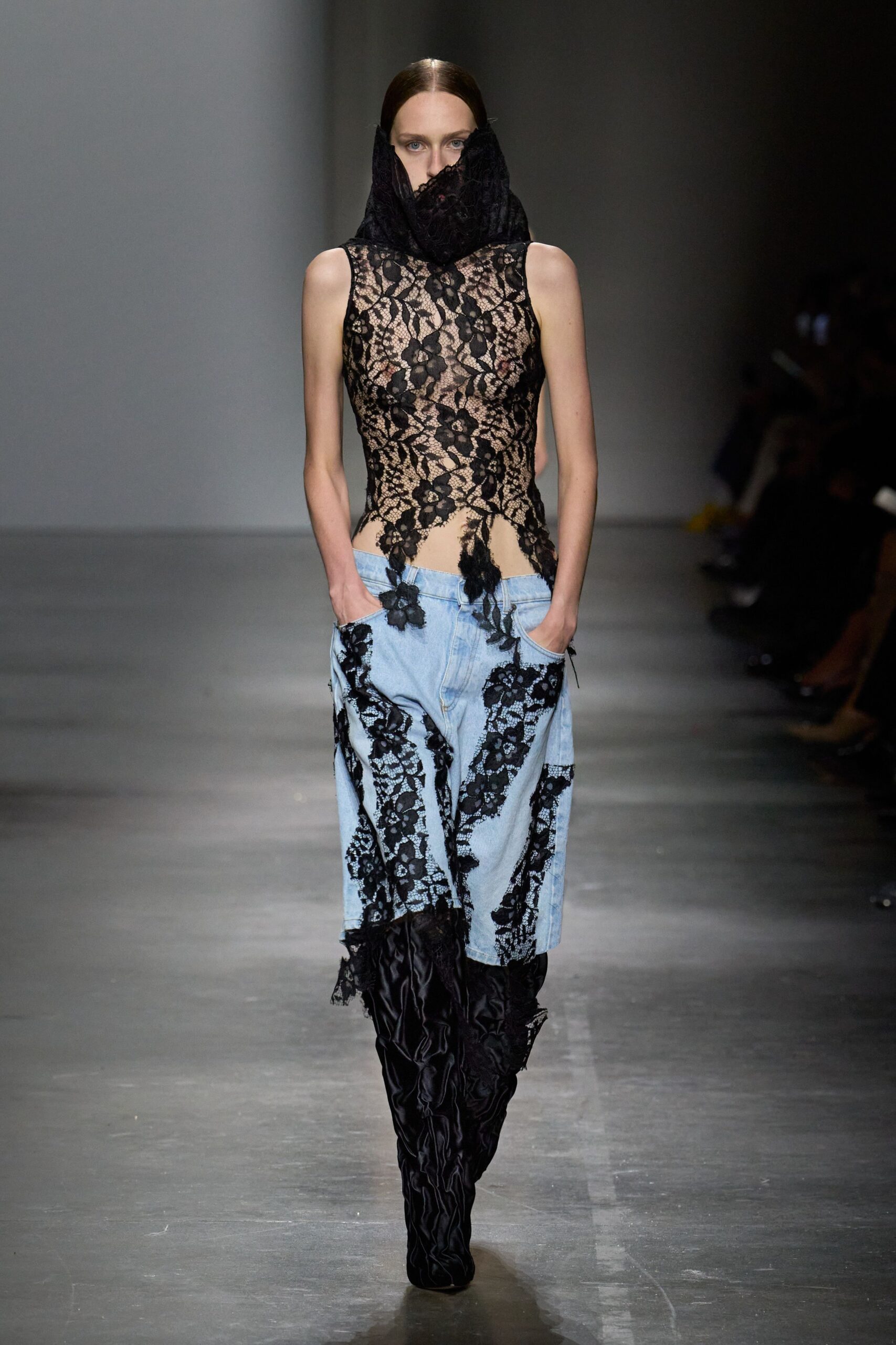 black lace top with layered pants