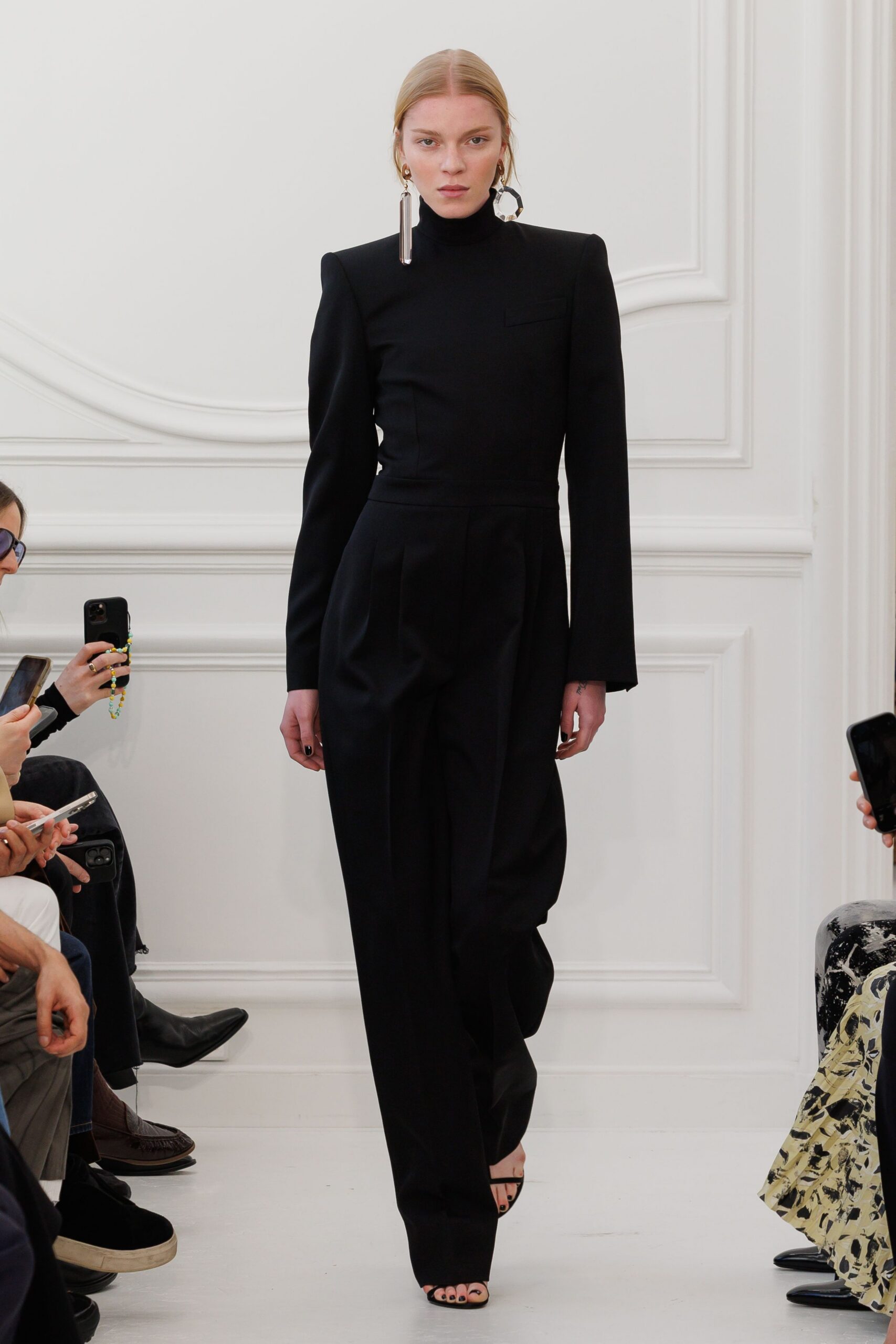 black cotton long-sleeve high-neck fitted pleated jumpsuit