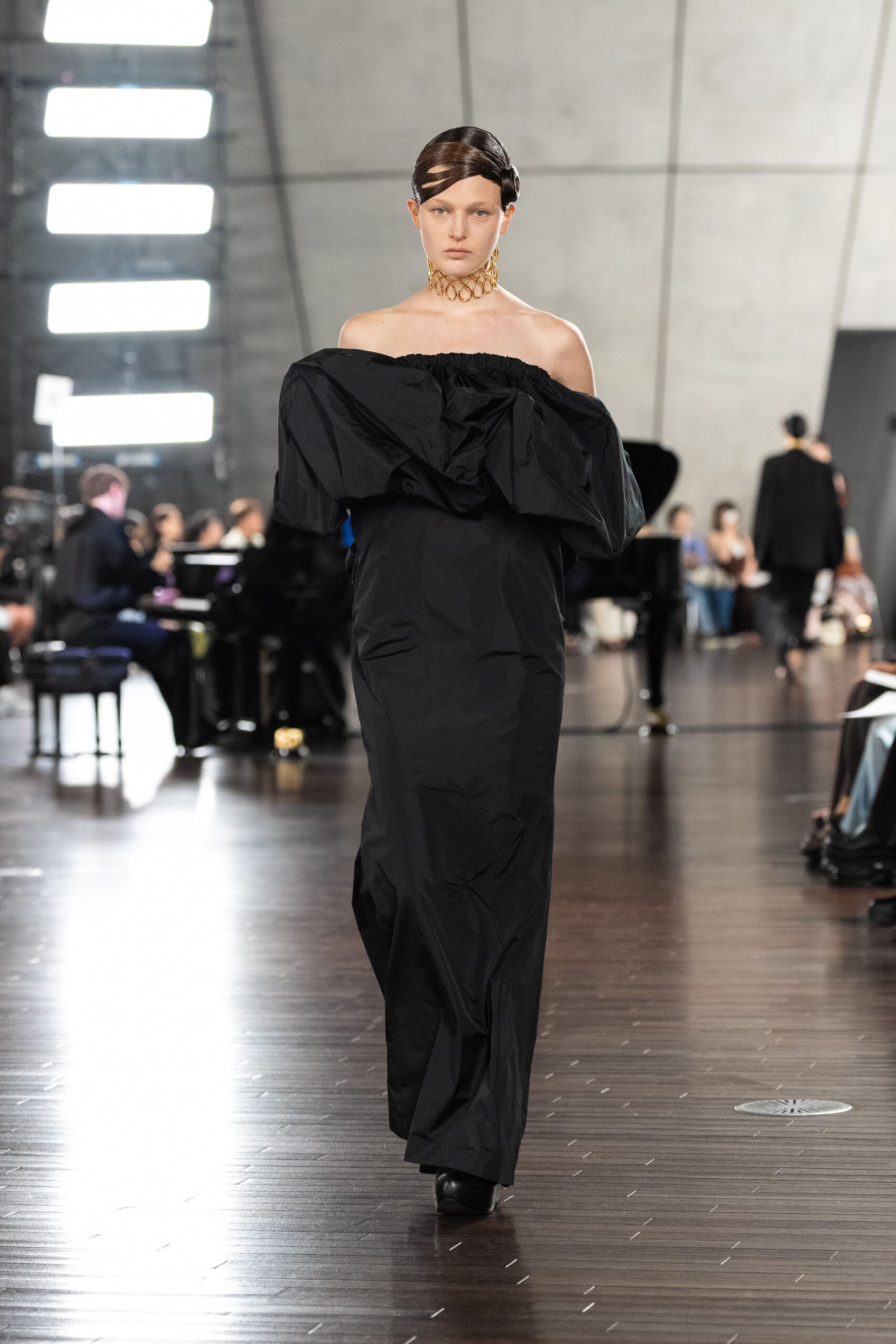 black silk off-shoulder gown
