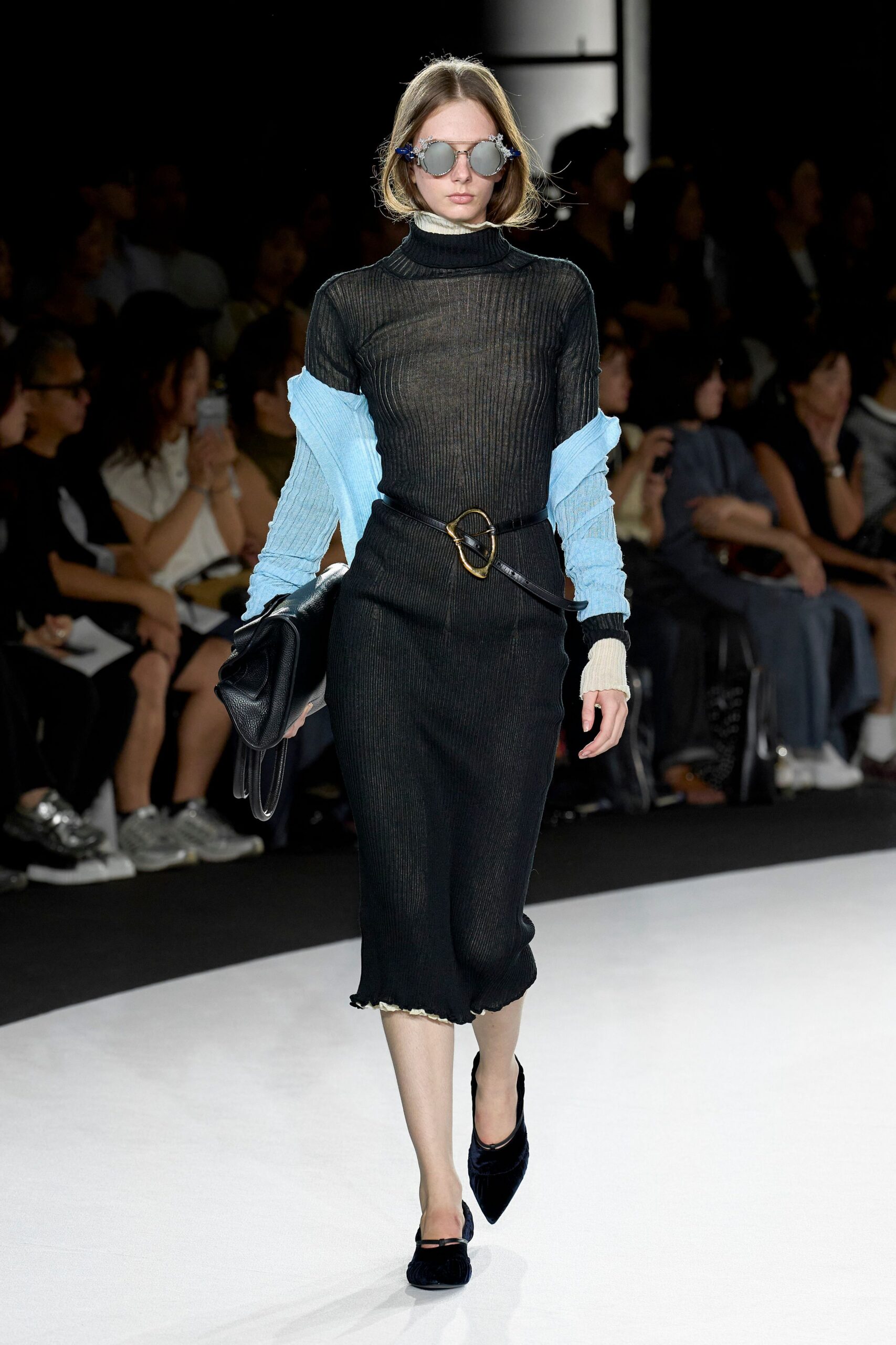 black mesh midi dress with blue shirt