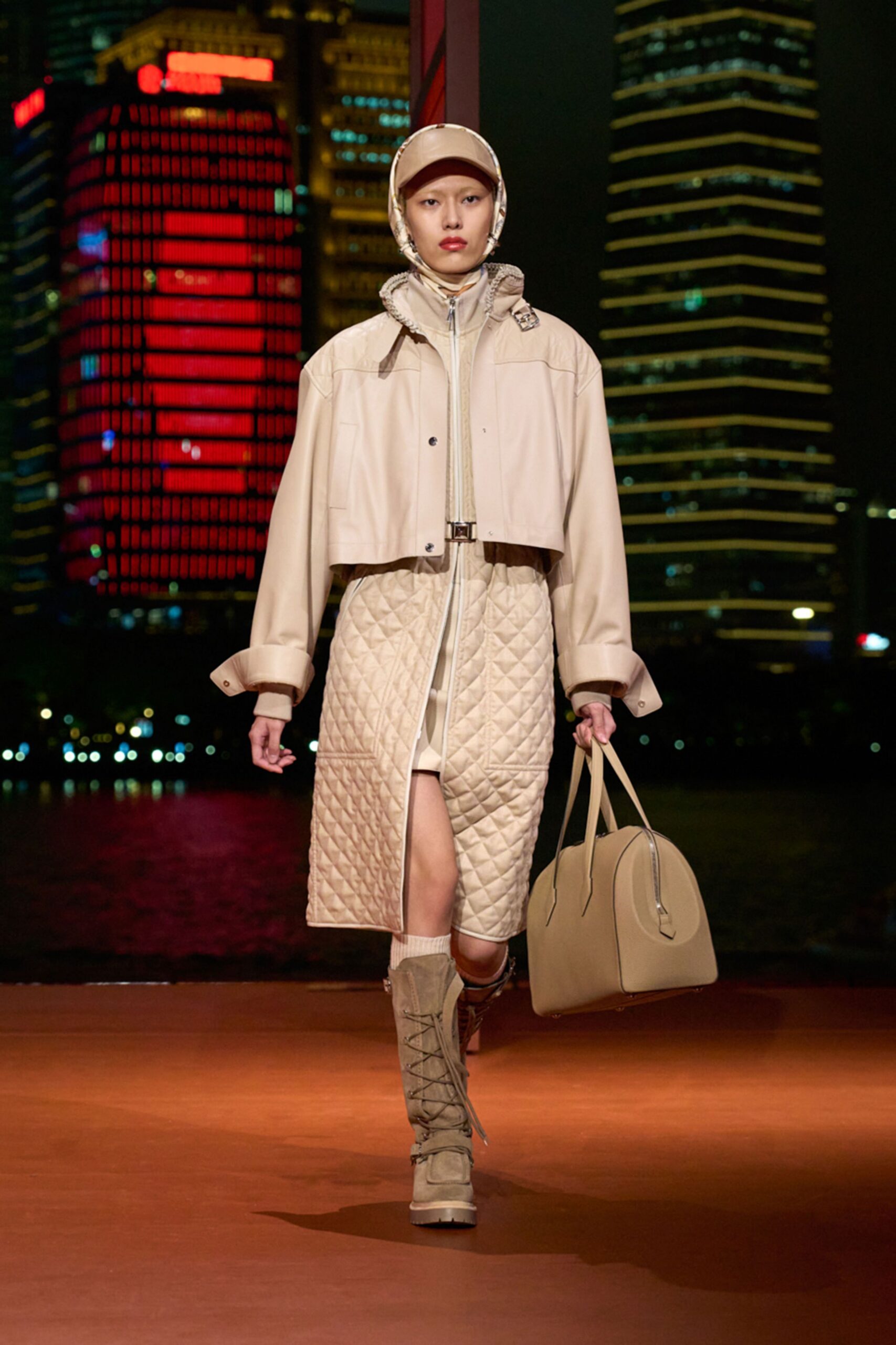 beige leather quilted coat and skirt
