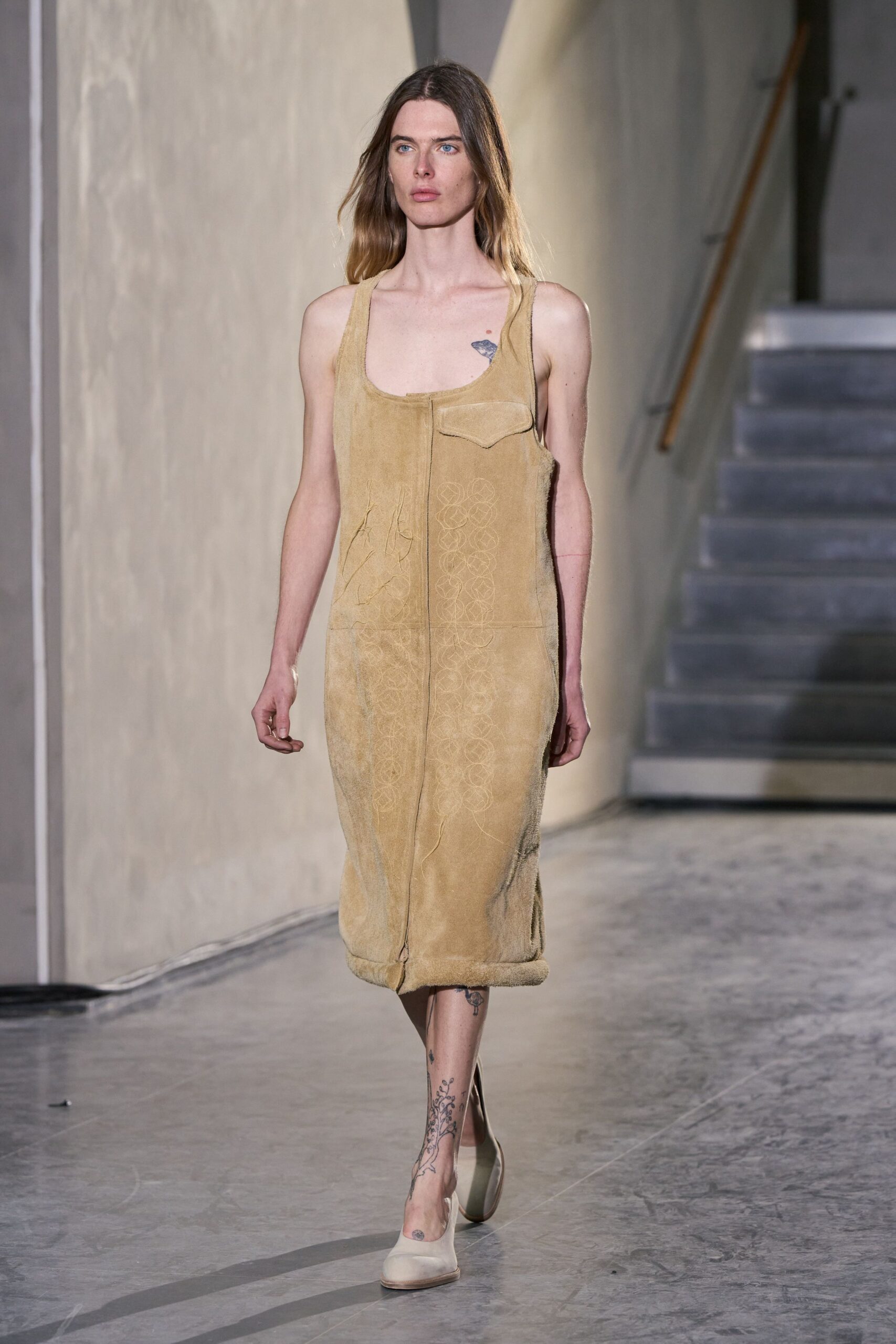 beige suede sleeveless v-neck fitted zippered midi dress