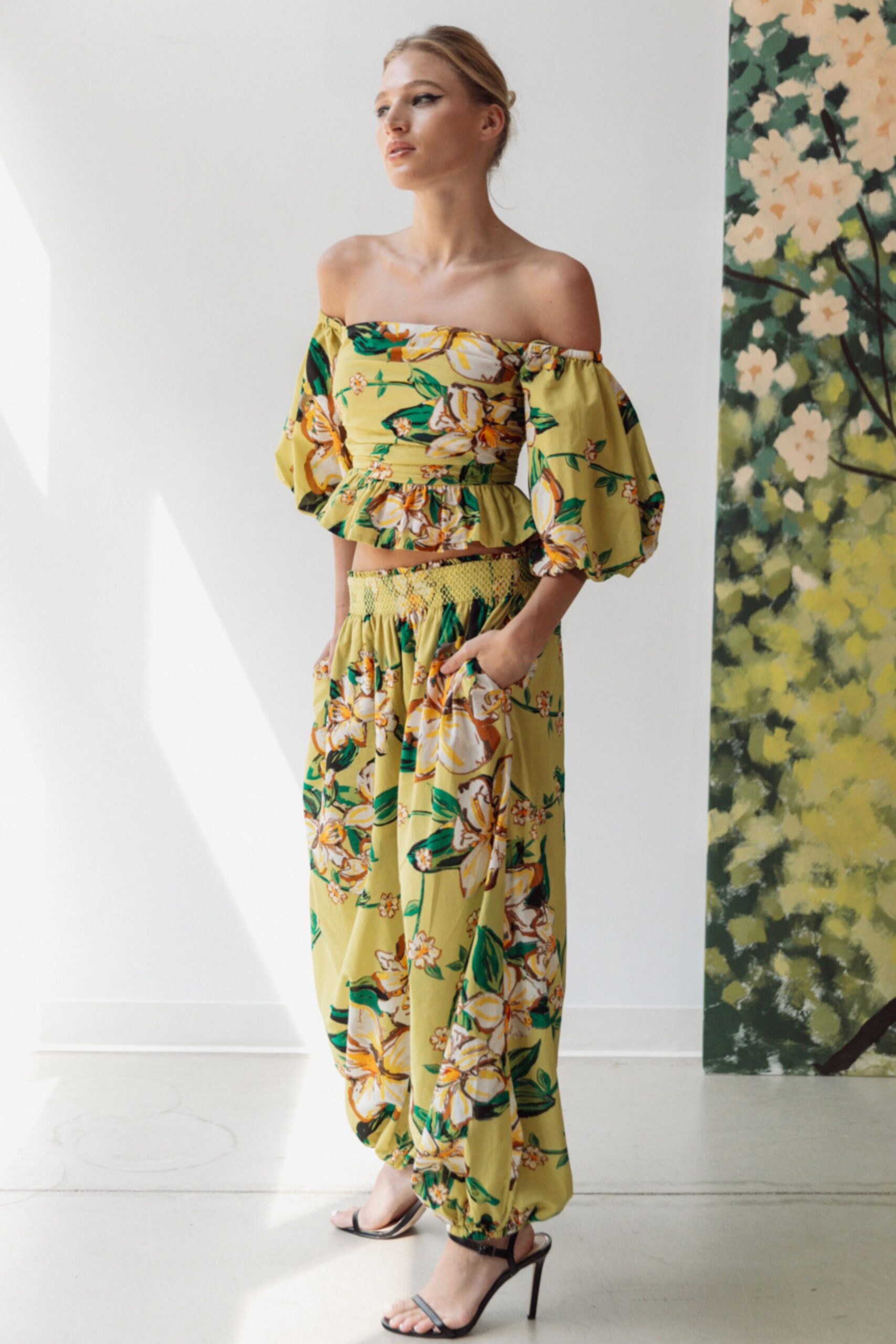 yellow cotton relaxed floral wide-leg pants