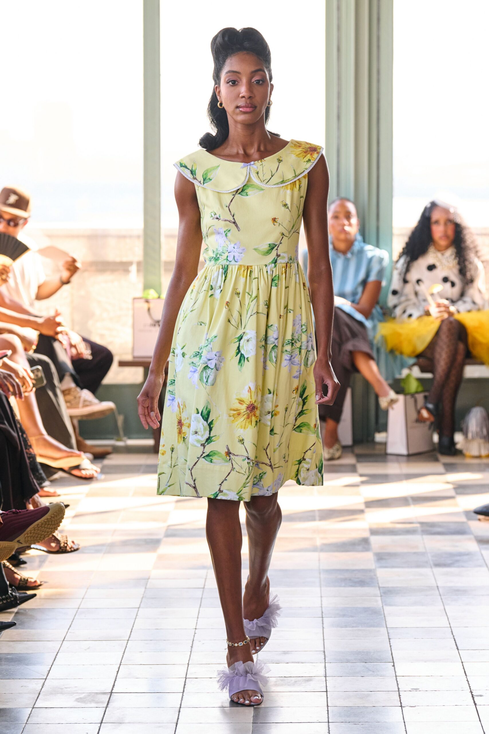 yellow cotton sleeveless collared fitted floral tiered dress