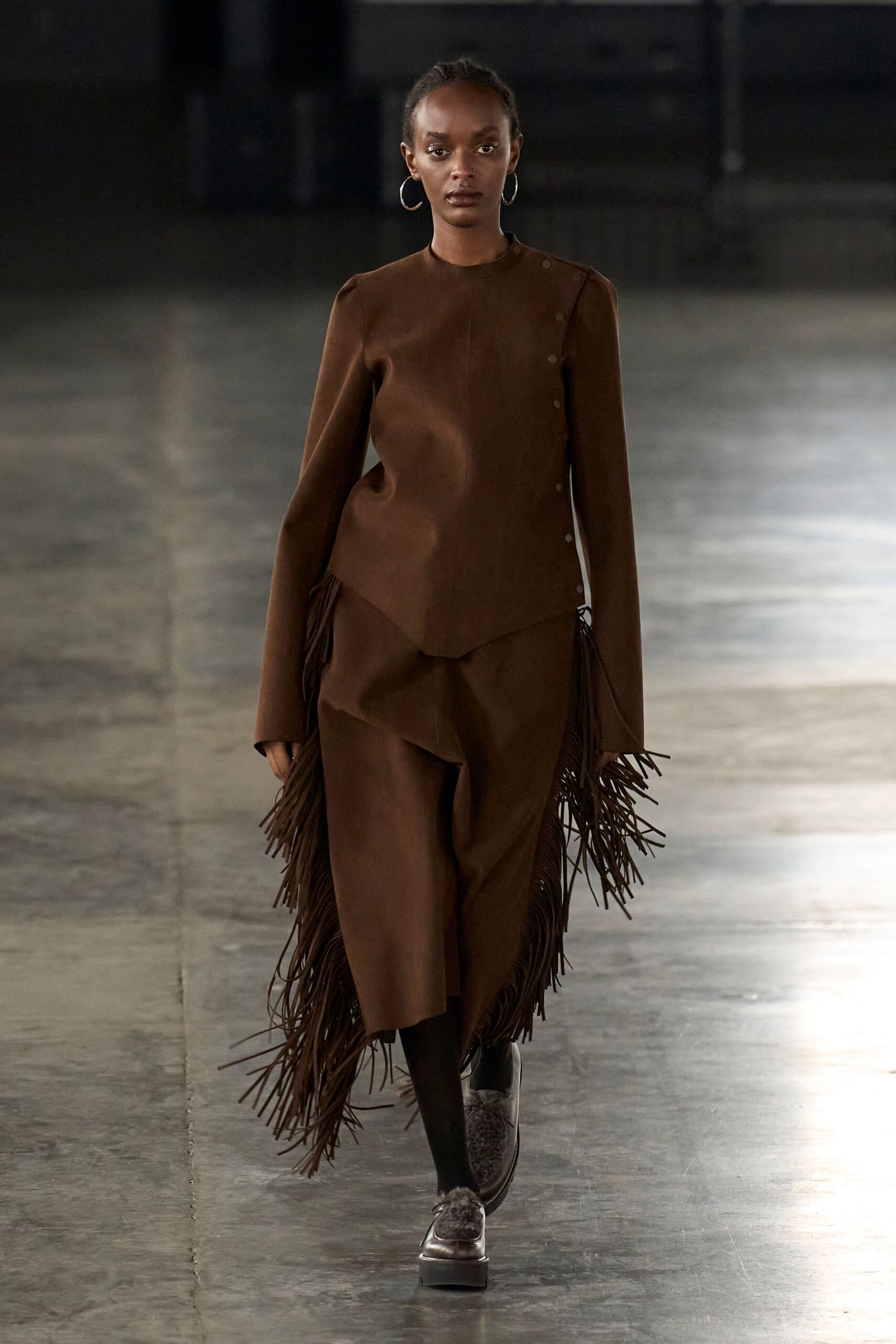 brown suede long-sleeve collared fitted fringed midi dress