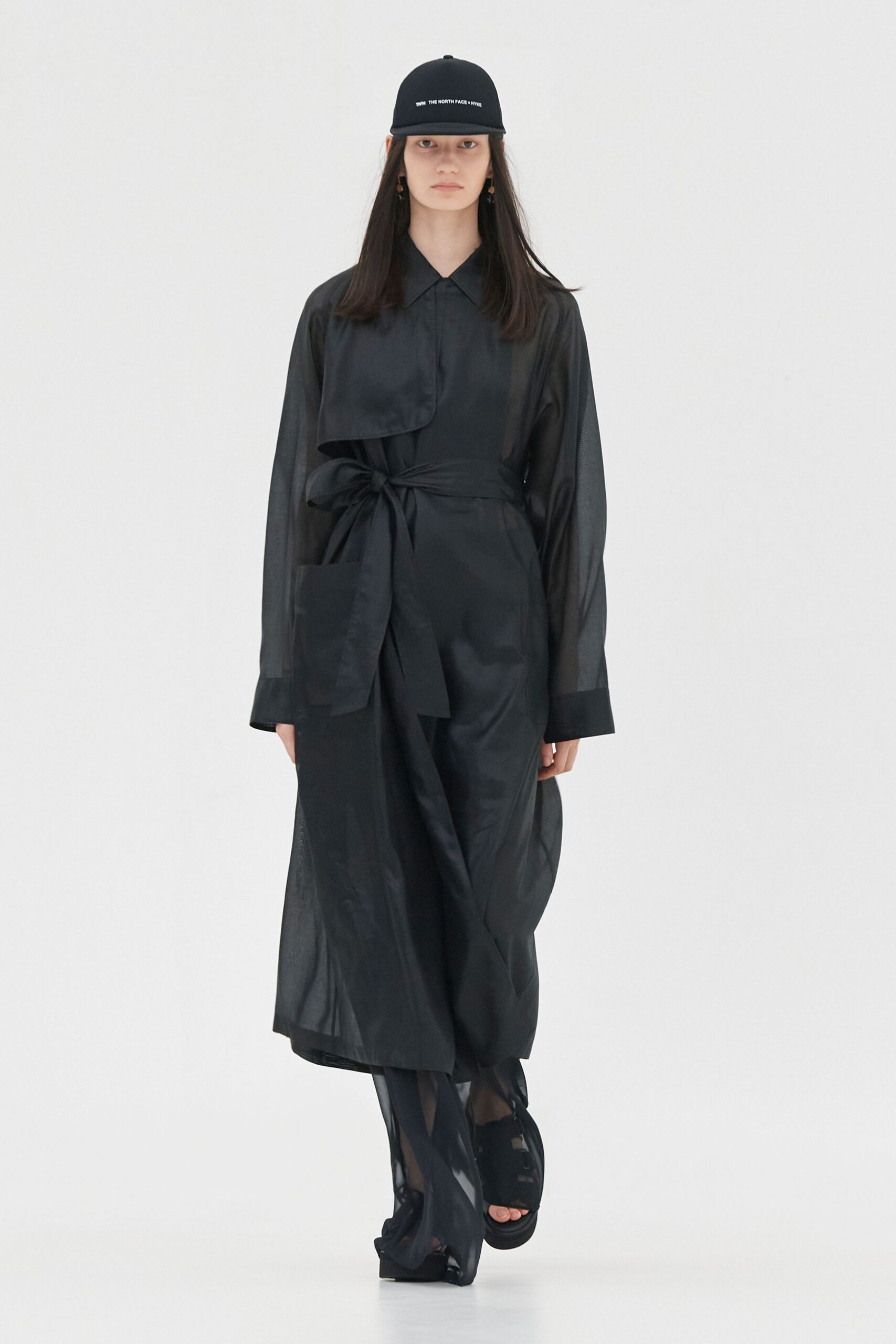 black silk long-sleeve collared relaxed layered sheer dress