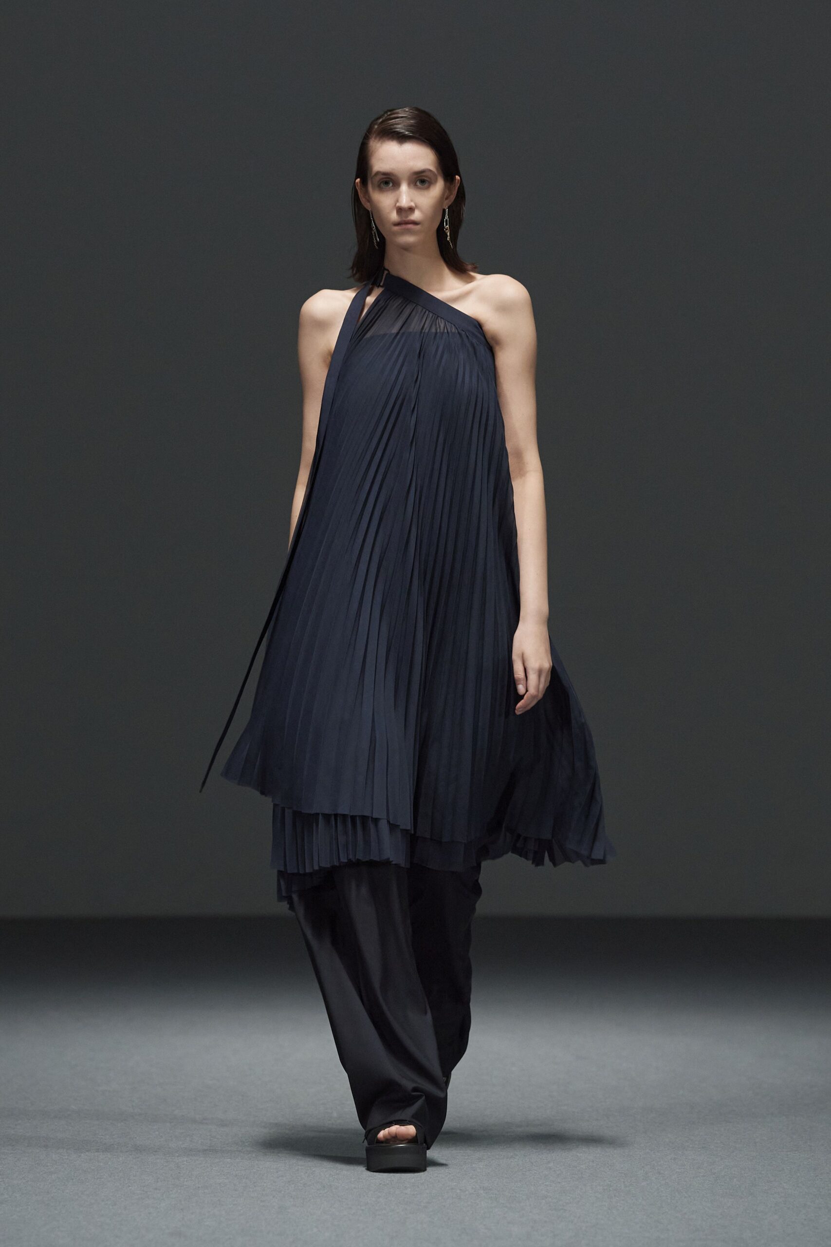 blue silk sleeveless high-neck relaxed pleated flowing dress