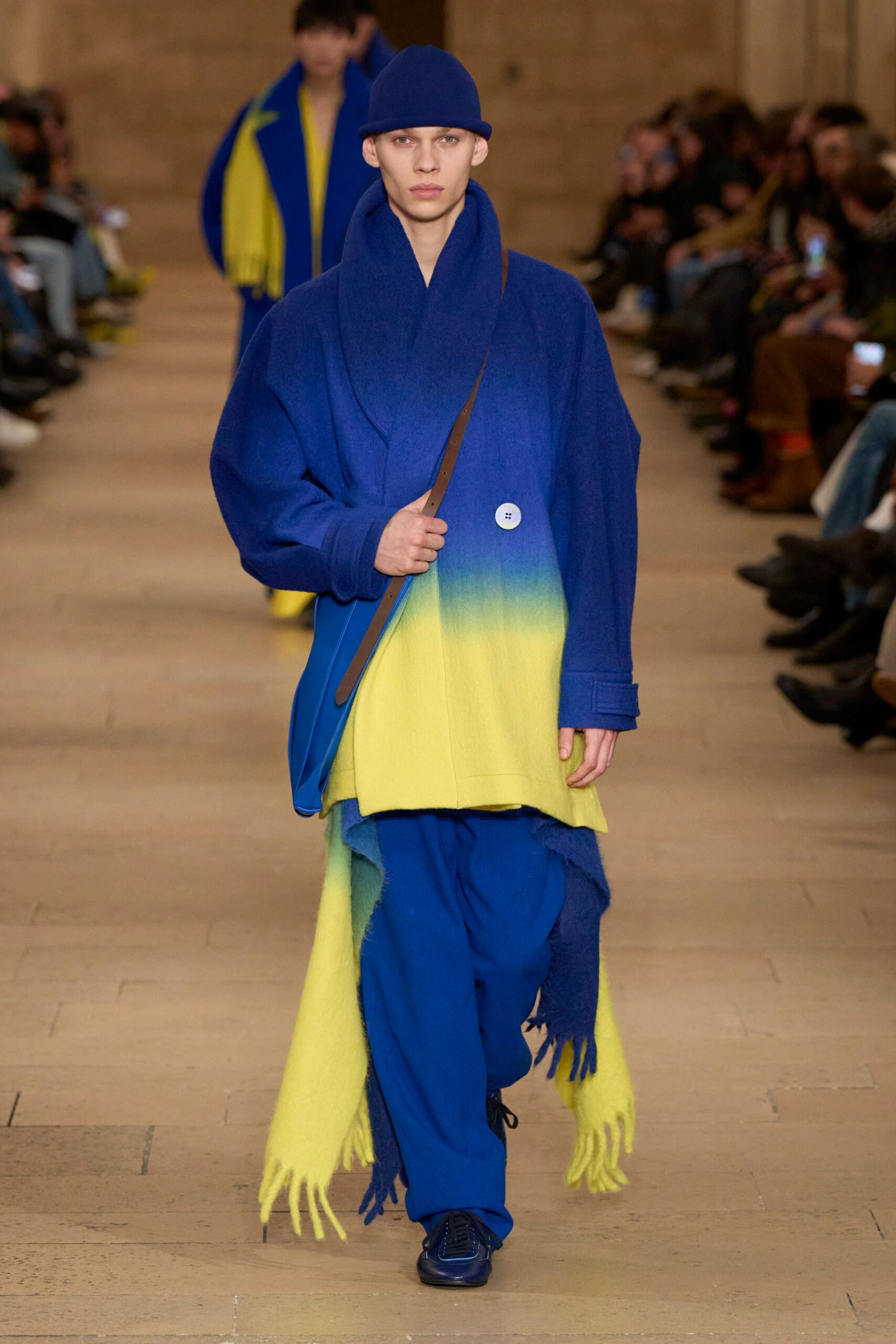 blue wool long-sleeve relaxed draped top