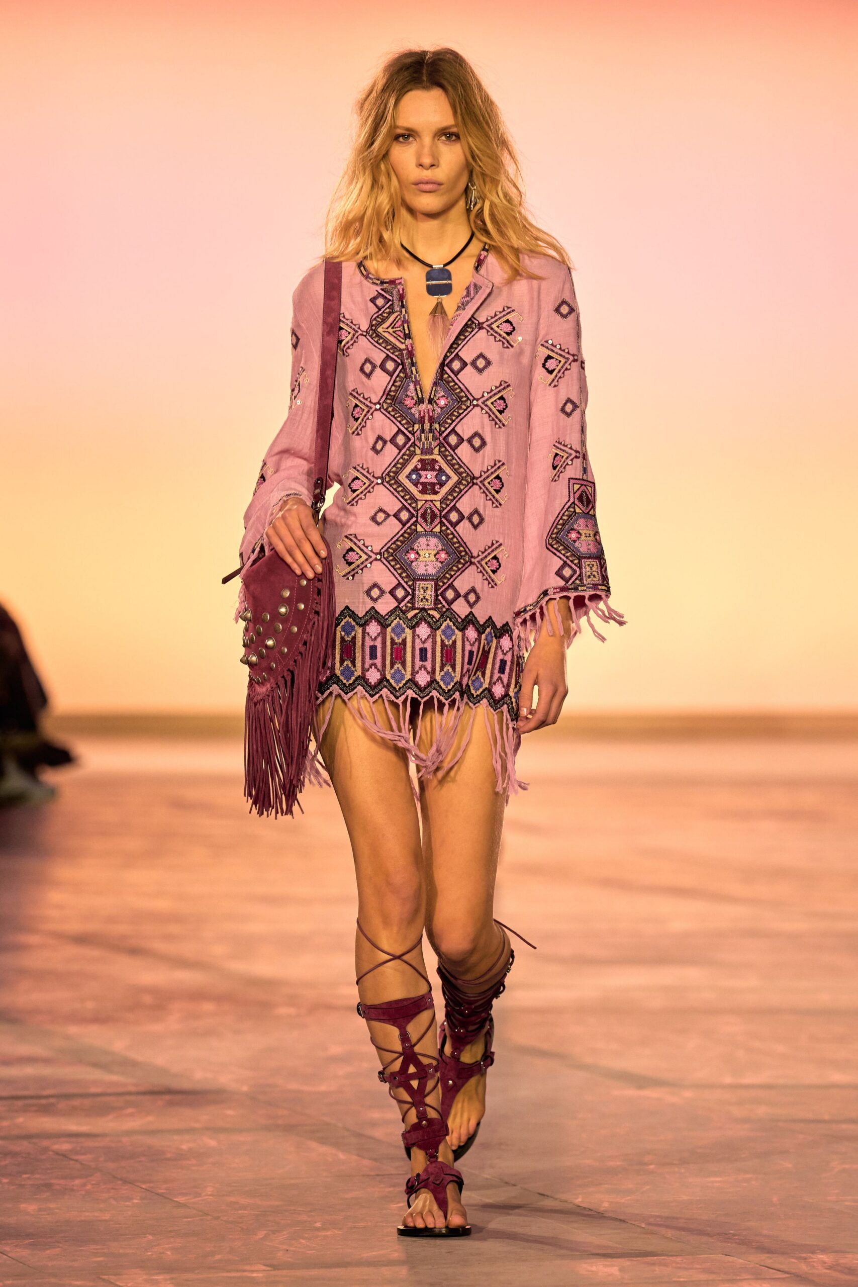 pink cotton long-sleeve v-neck relaxed embroidered fringed top