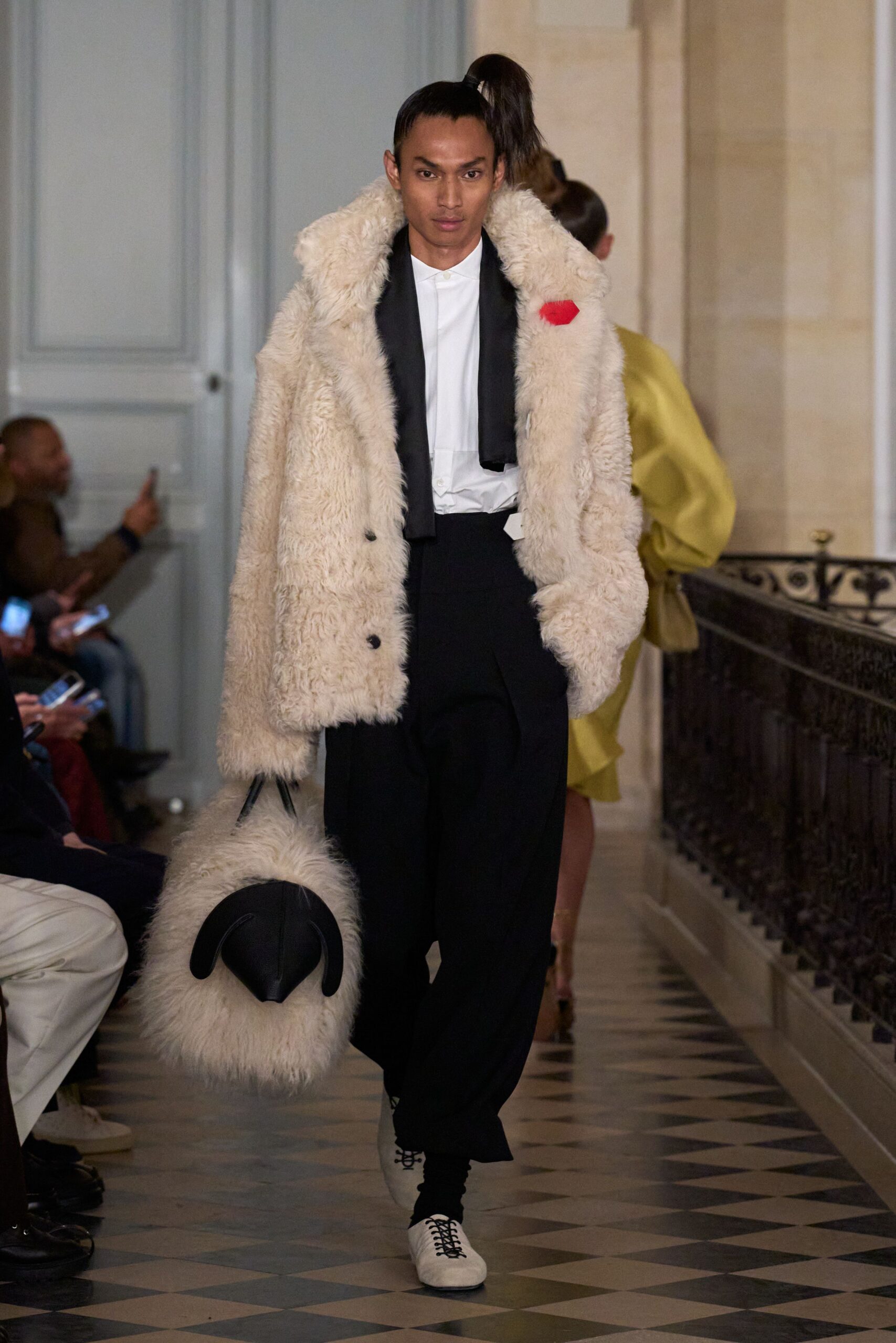 oversized white faux-fur coat
