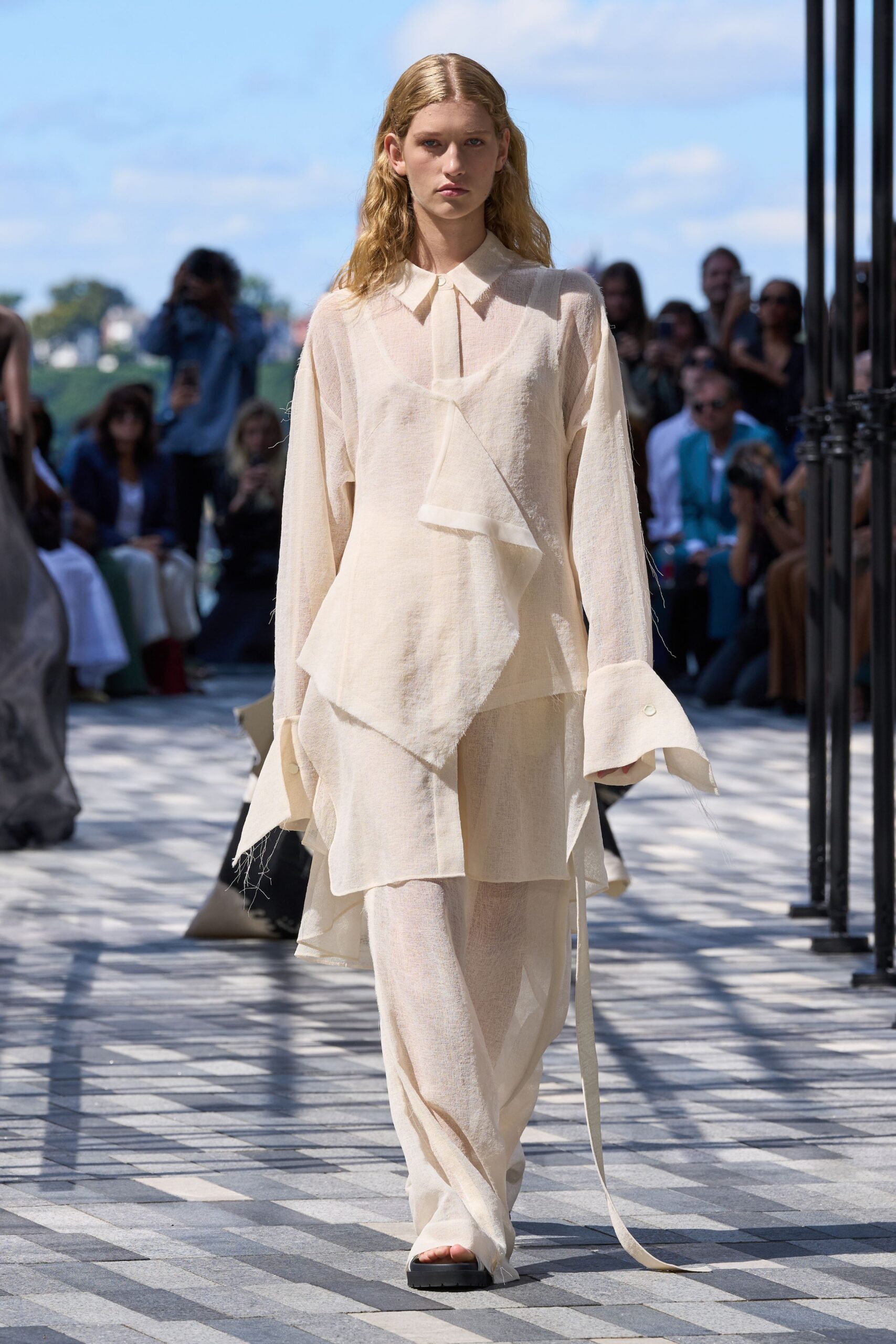 beige cotton long-sleeve collared relaxed draped layered shirt-dress