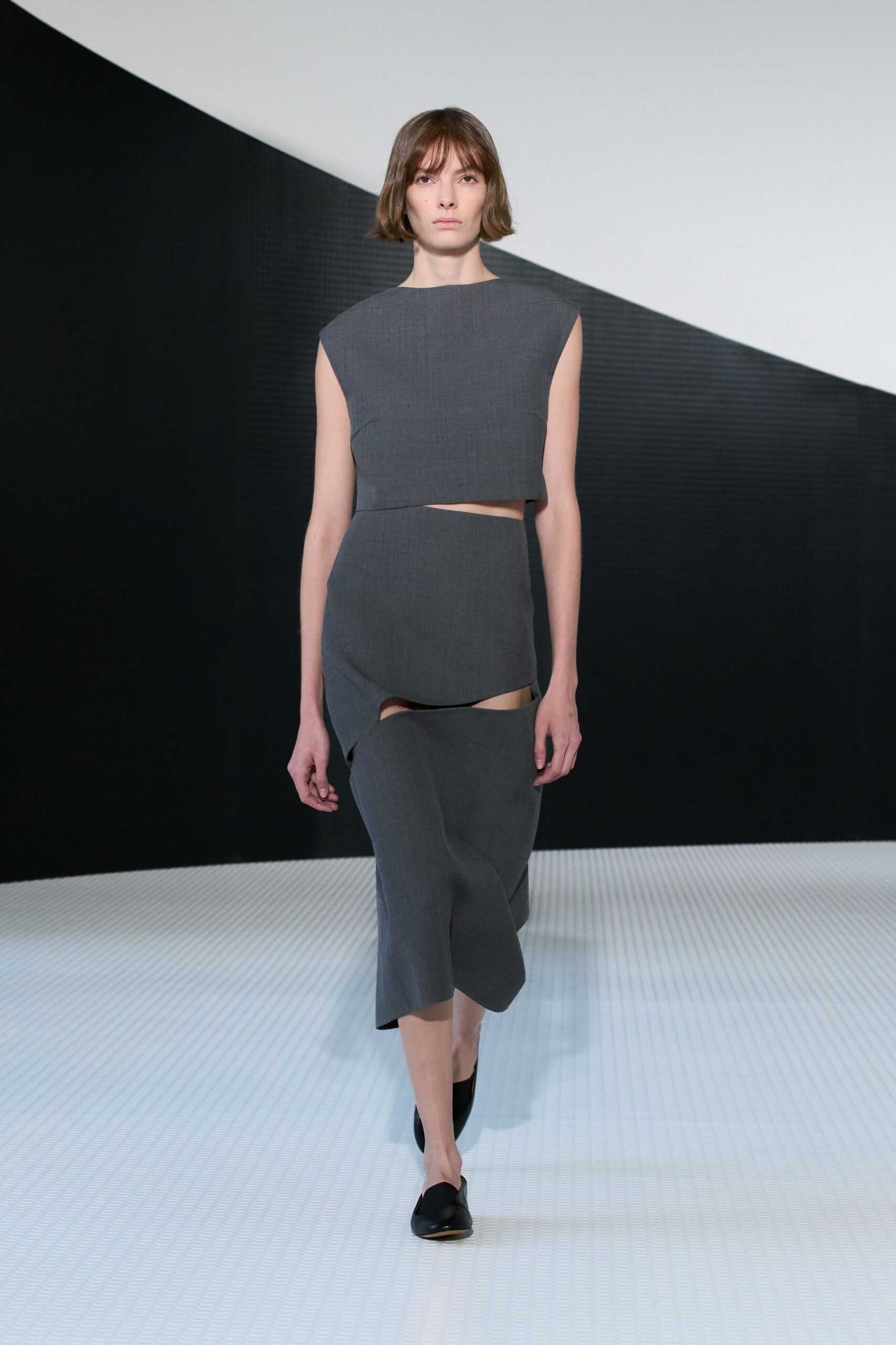 gray fitted top and skirt