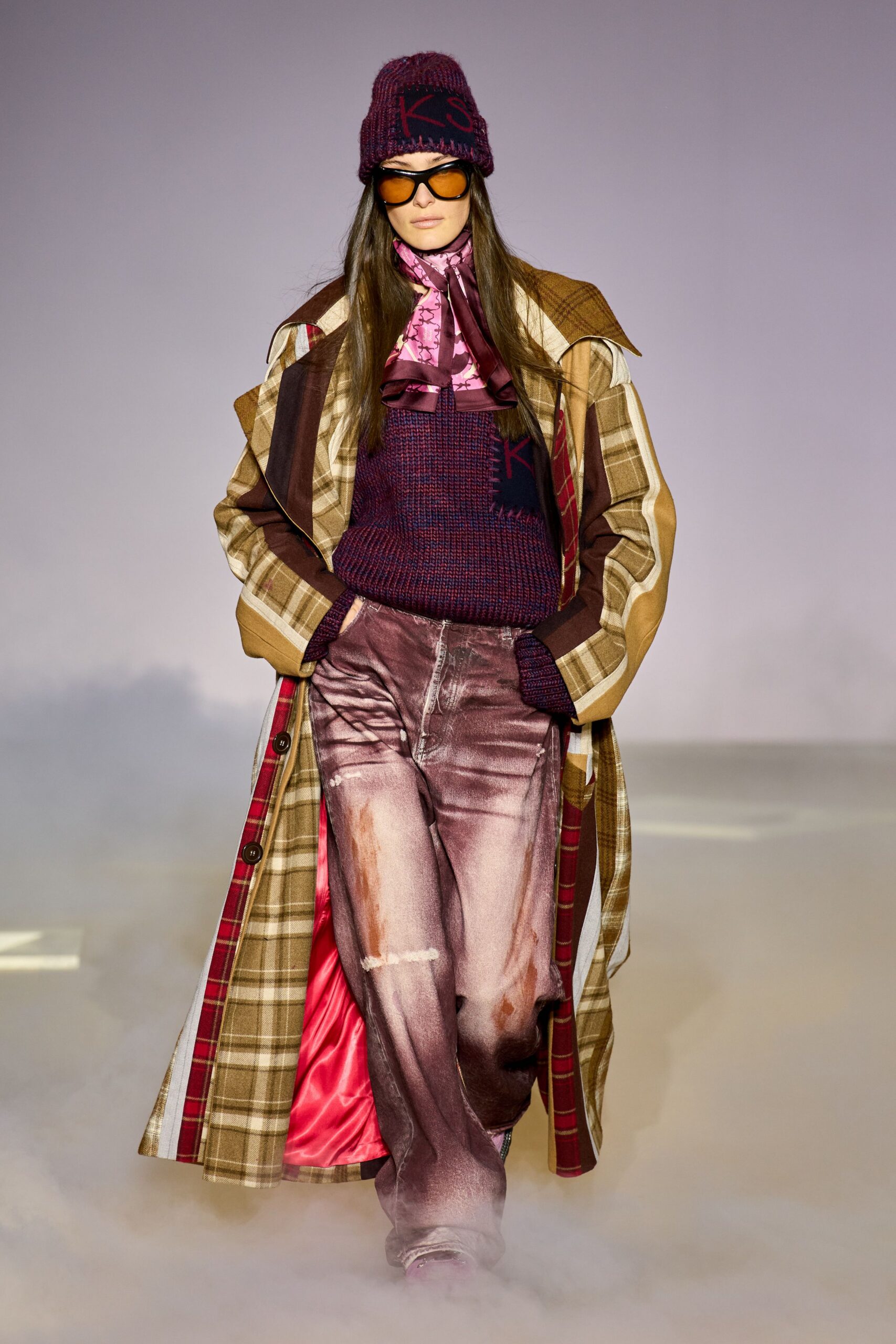 layered plaid coat with purple sweater