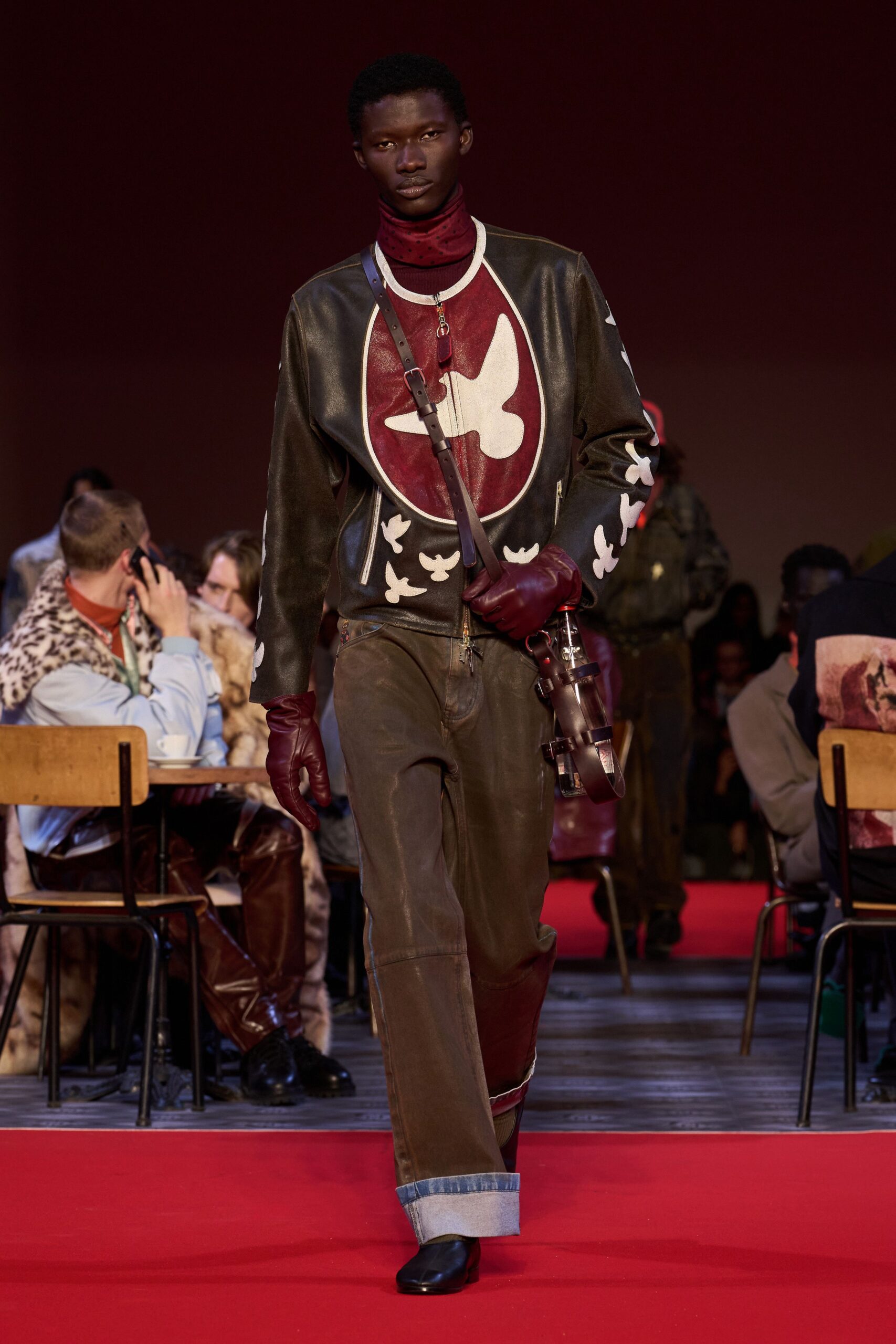black leather long-sleeve collared fitted embroidered jacket