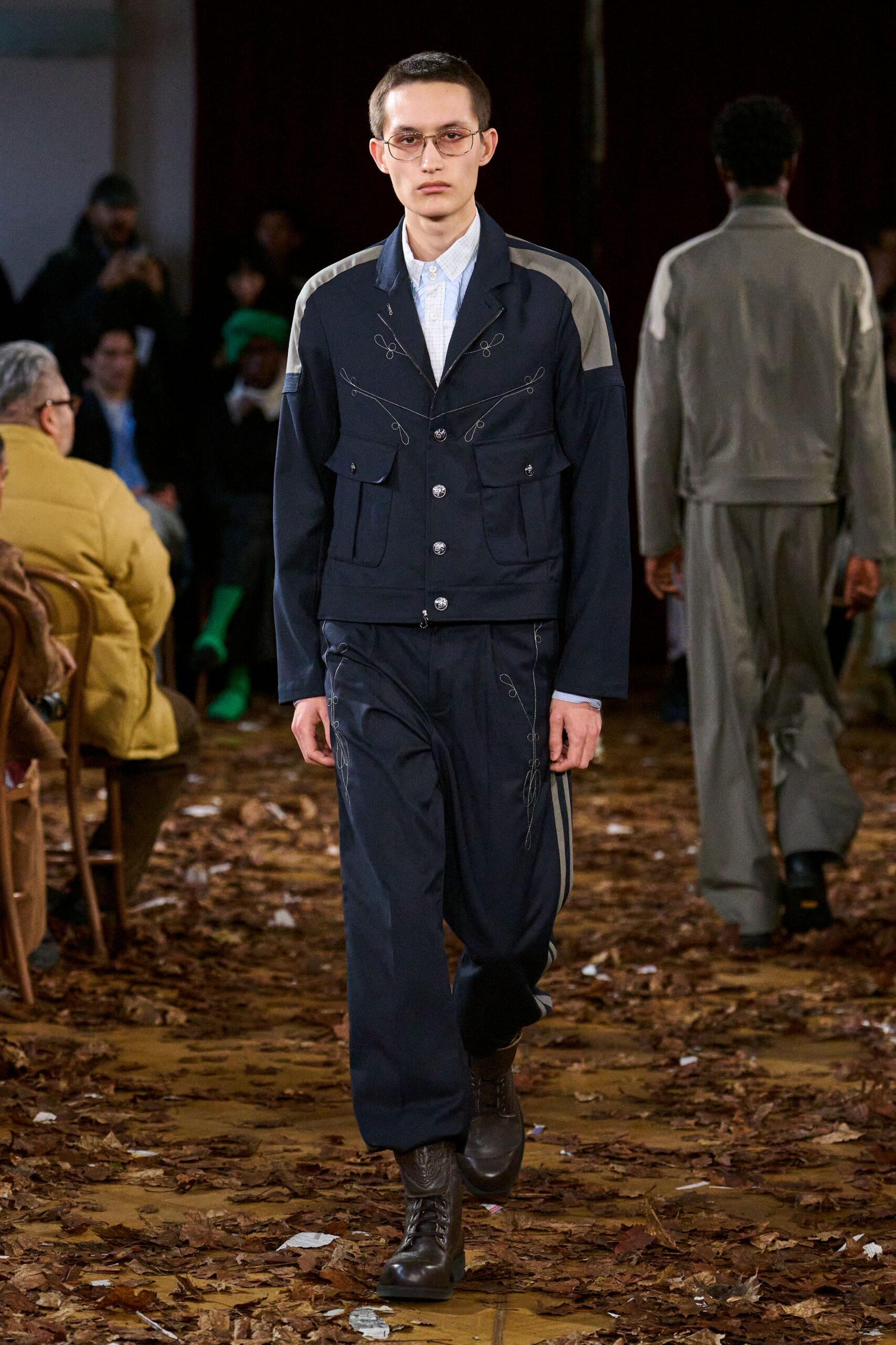 navy cotton fitted jacket with relaxed pants