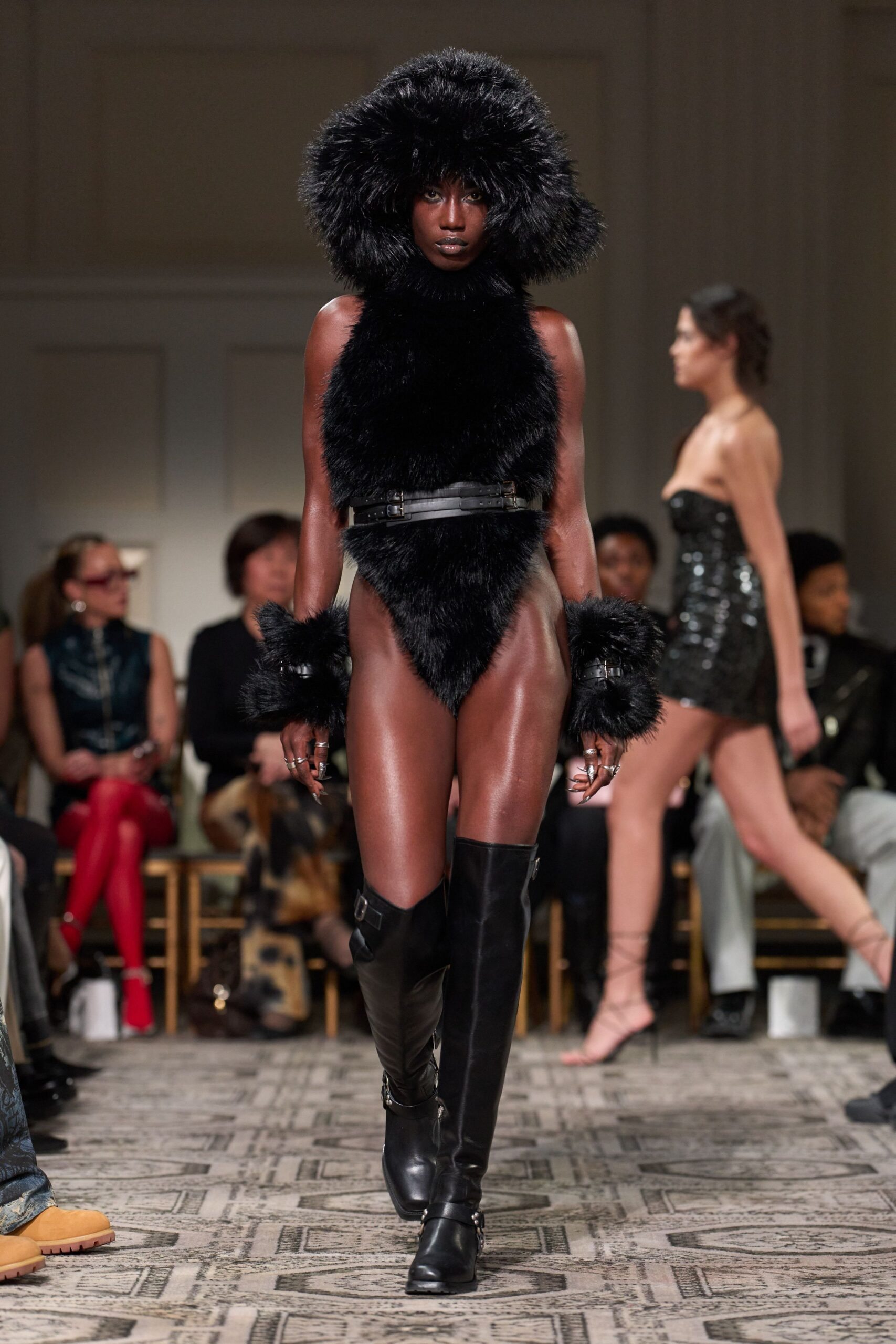 black faux-fur sleeveless high-neck fitted embellished bodysuit