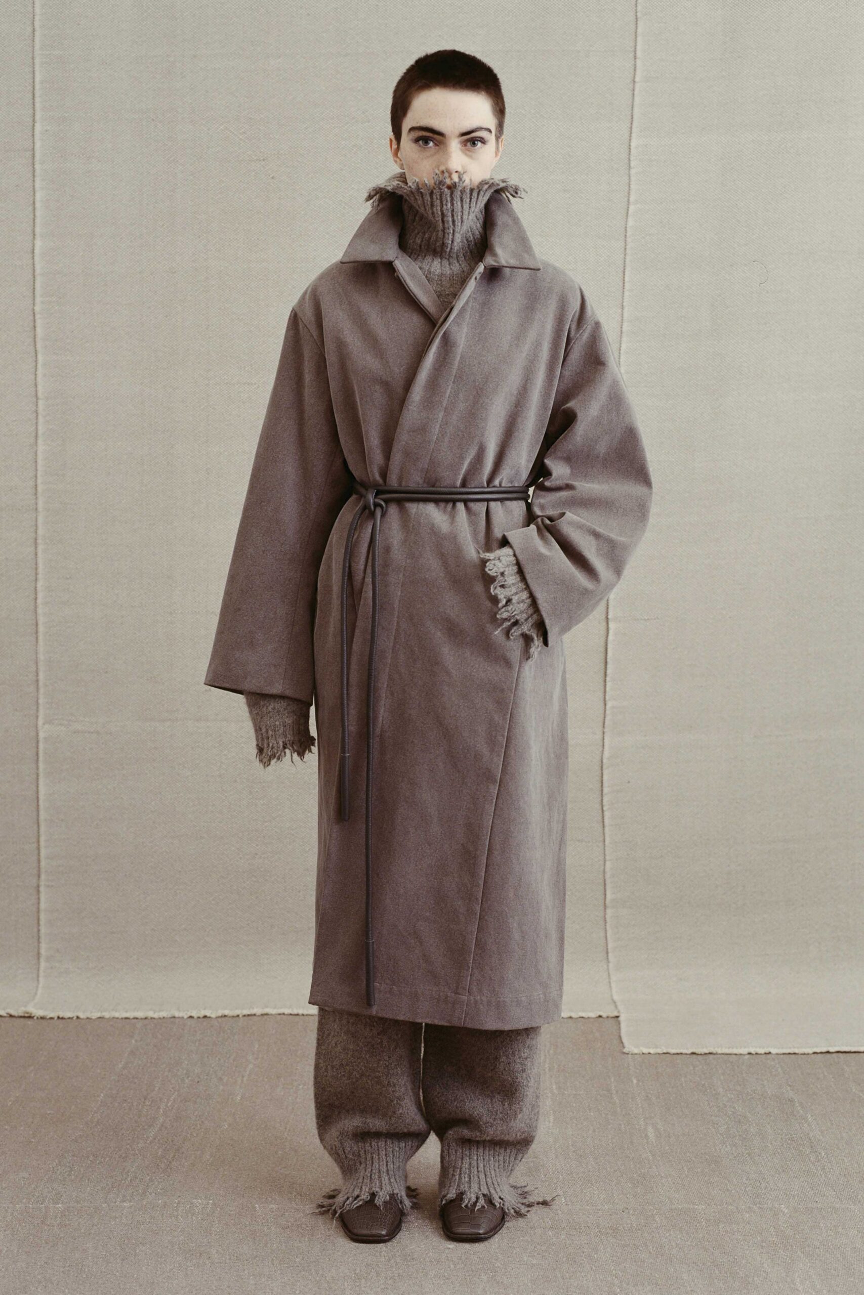 gray wool long-sleeve collared relaxed belted draped coat