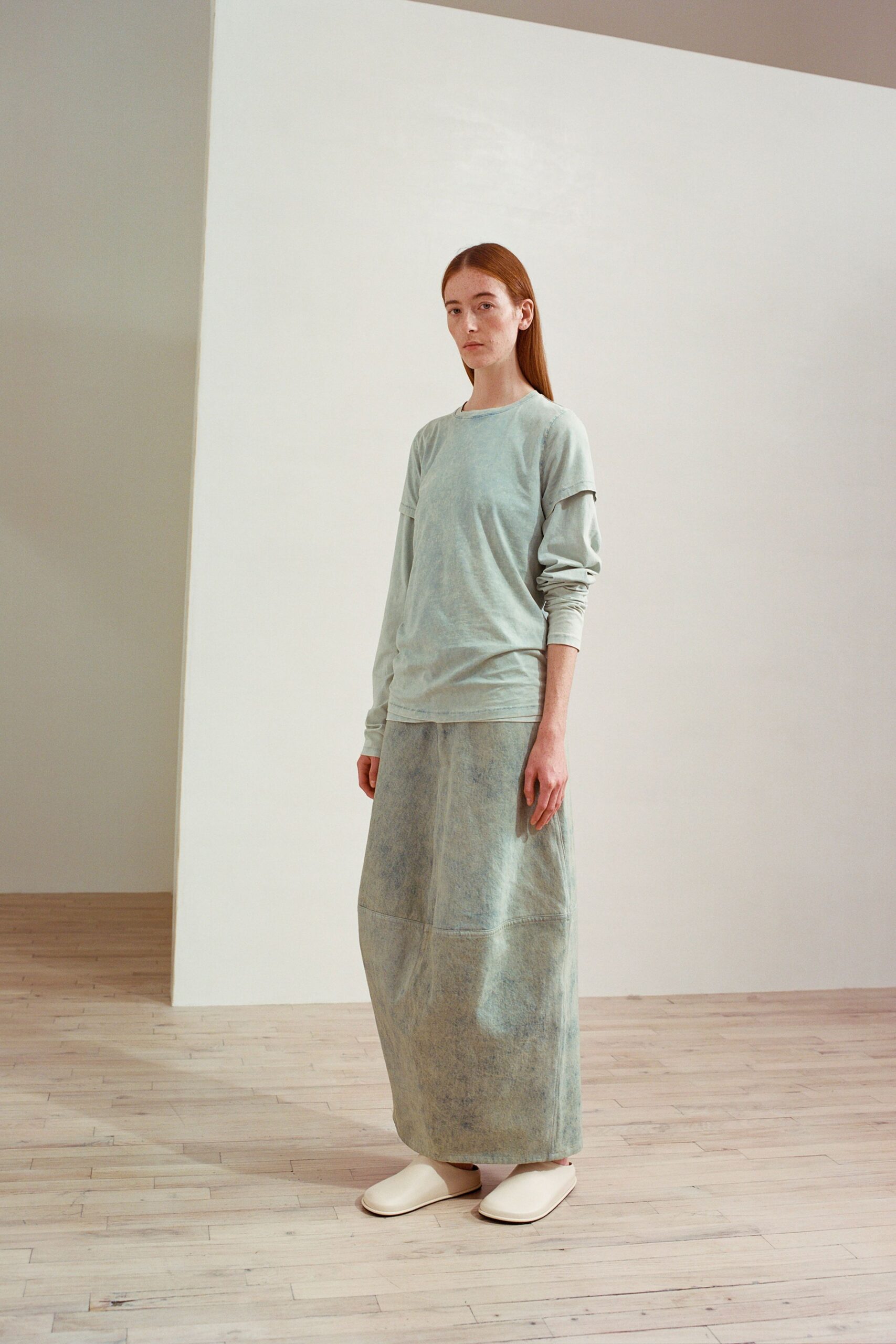 green relaxed top with blue maxi skirt
