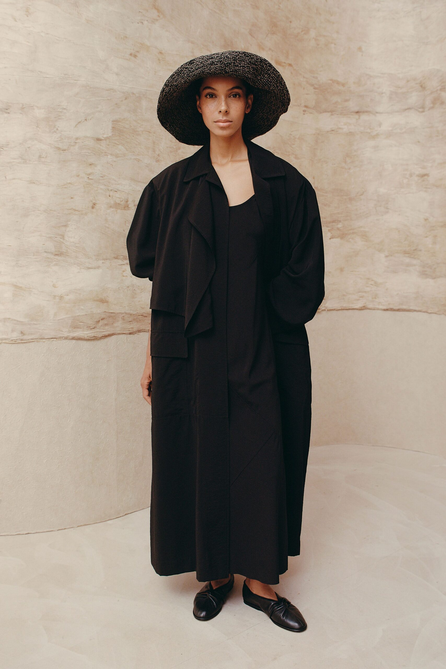 black maxi dress with oversized coat