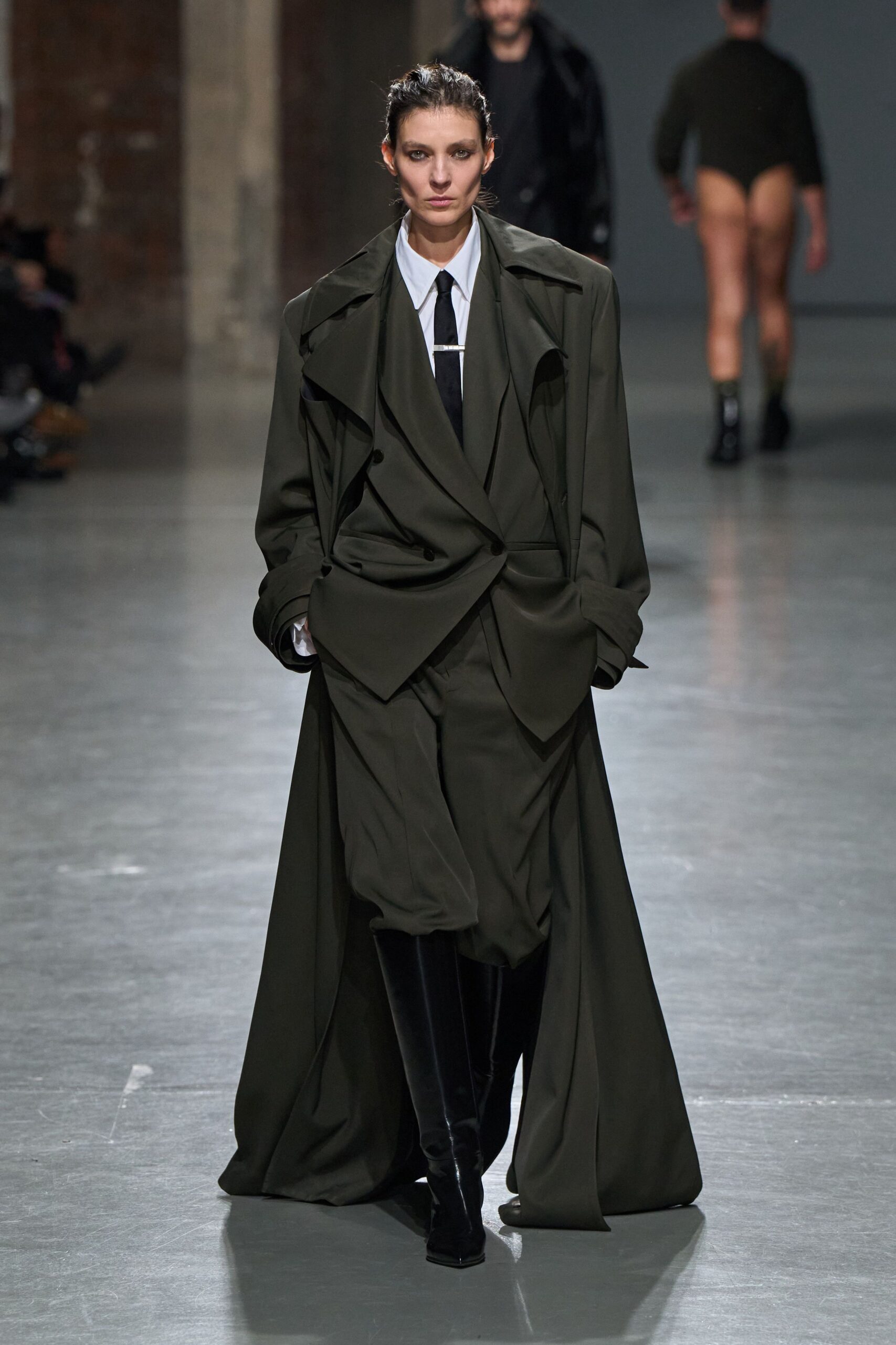 green wool long-sleeve collared oversized draped maxi coat