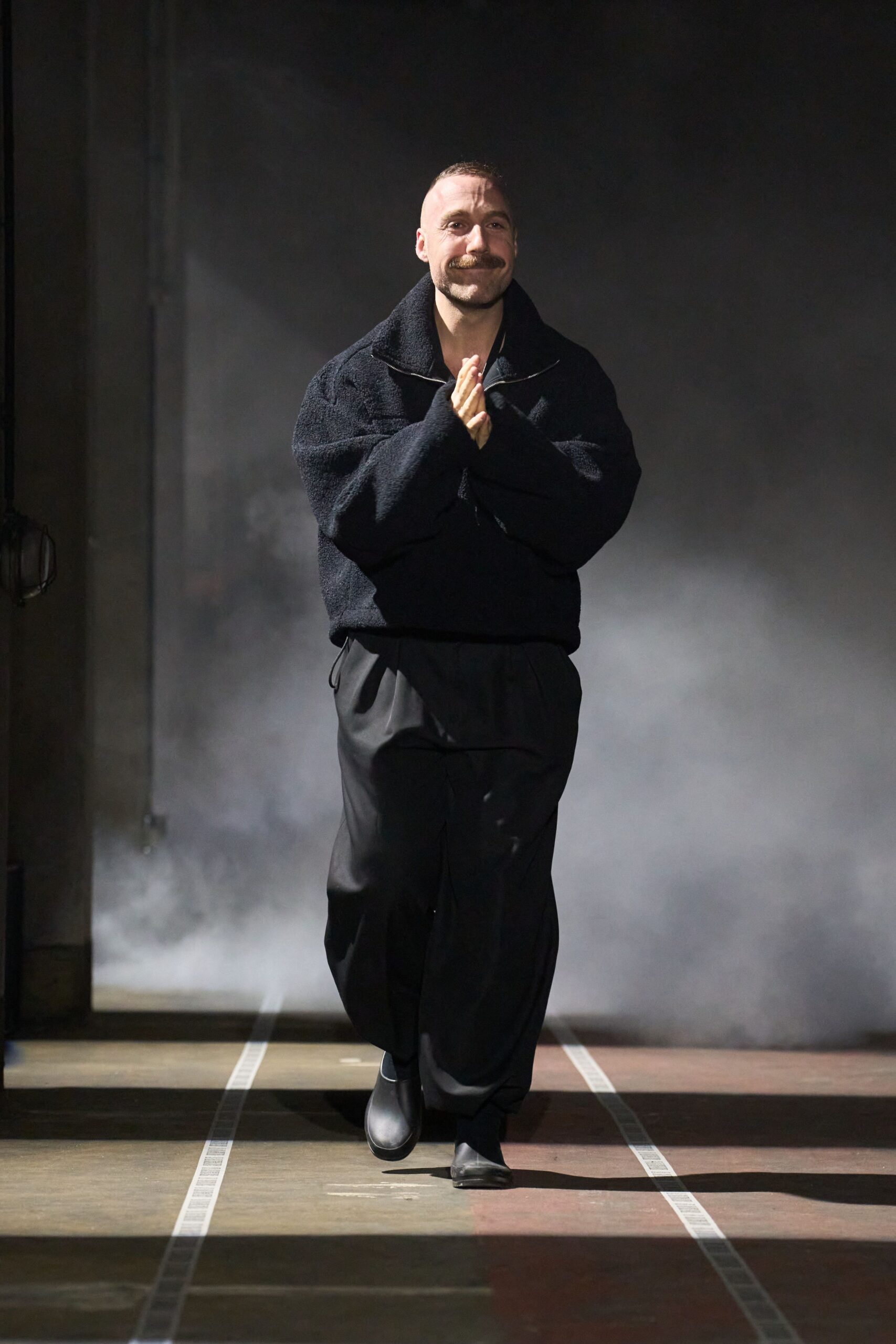 black oversized jacket and relaxed pants