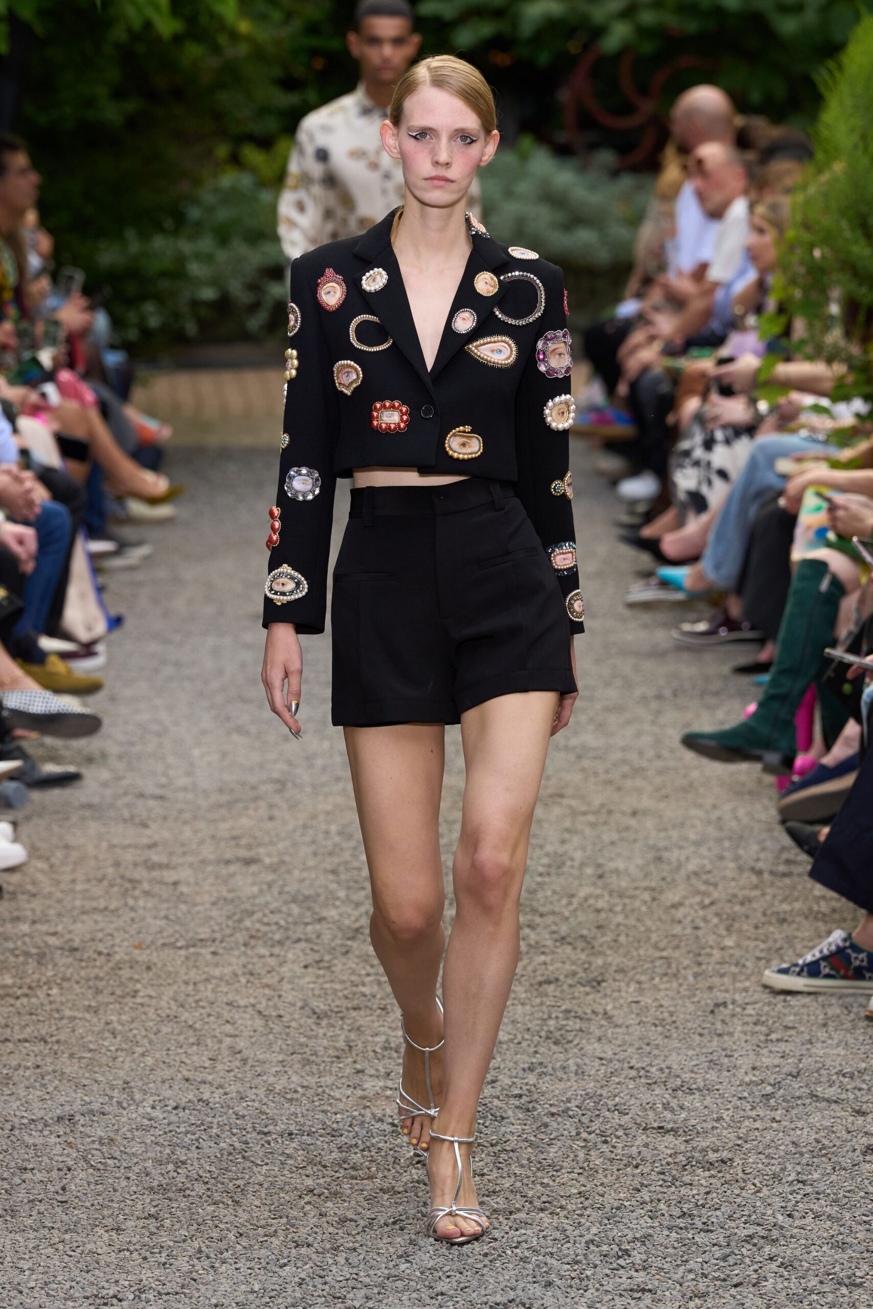 black embroidered blazer with shorts