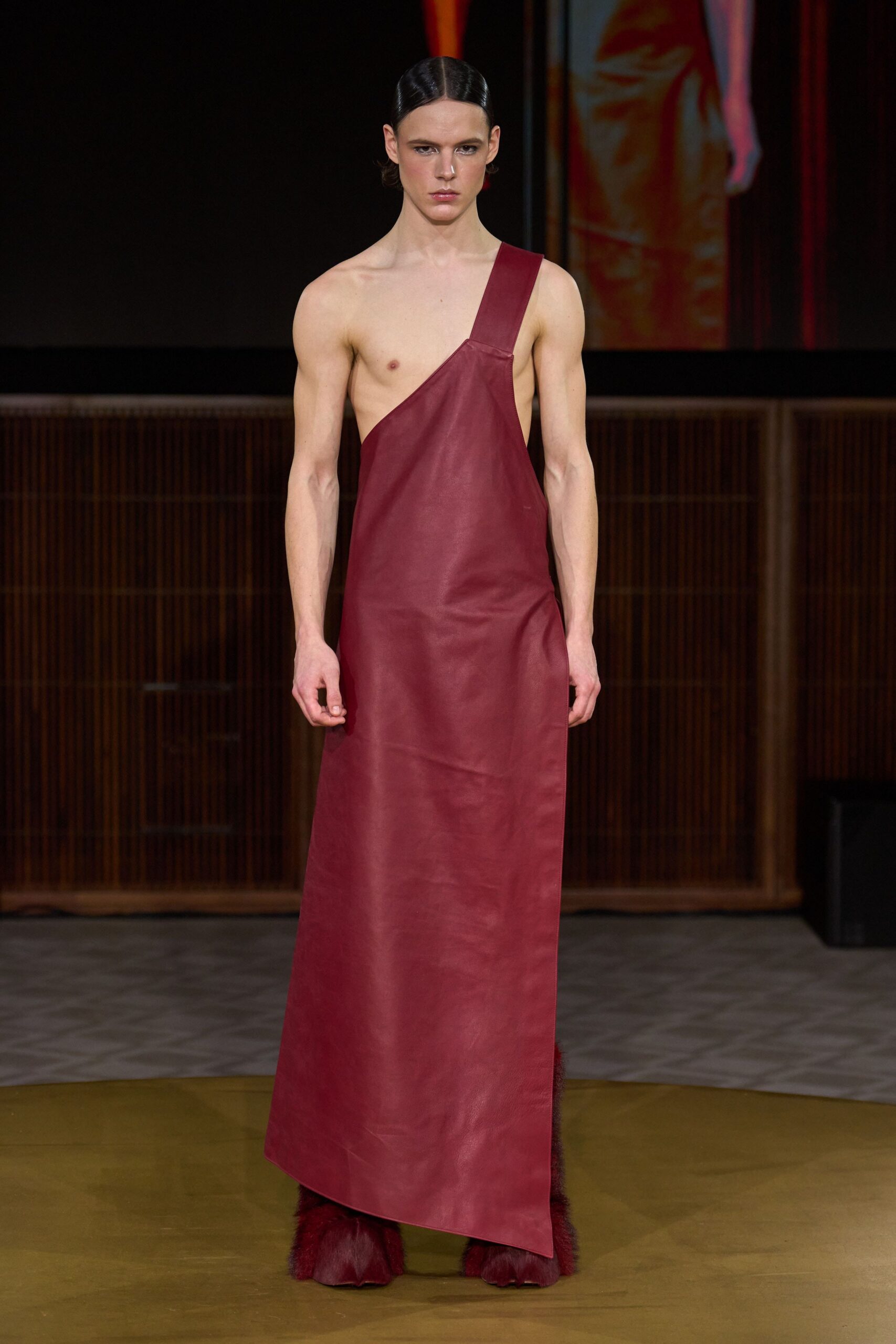 red leather sleeveless high-neck fitted maxi gown