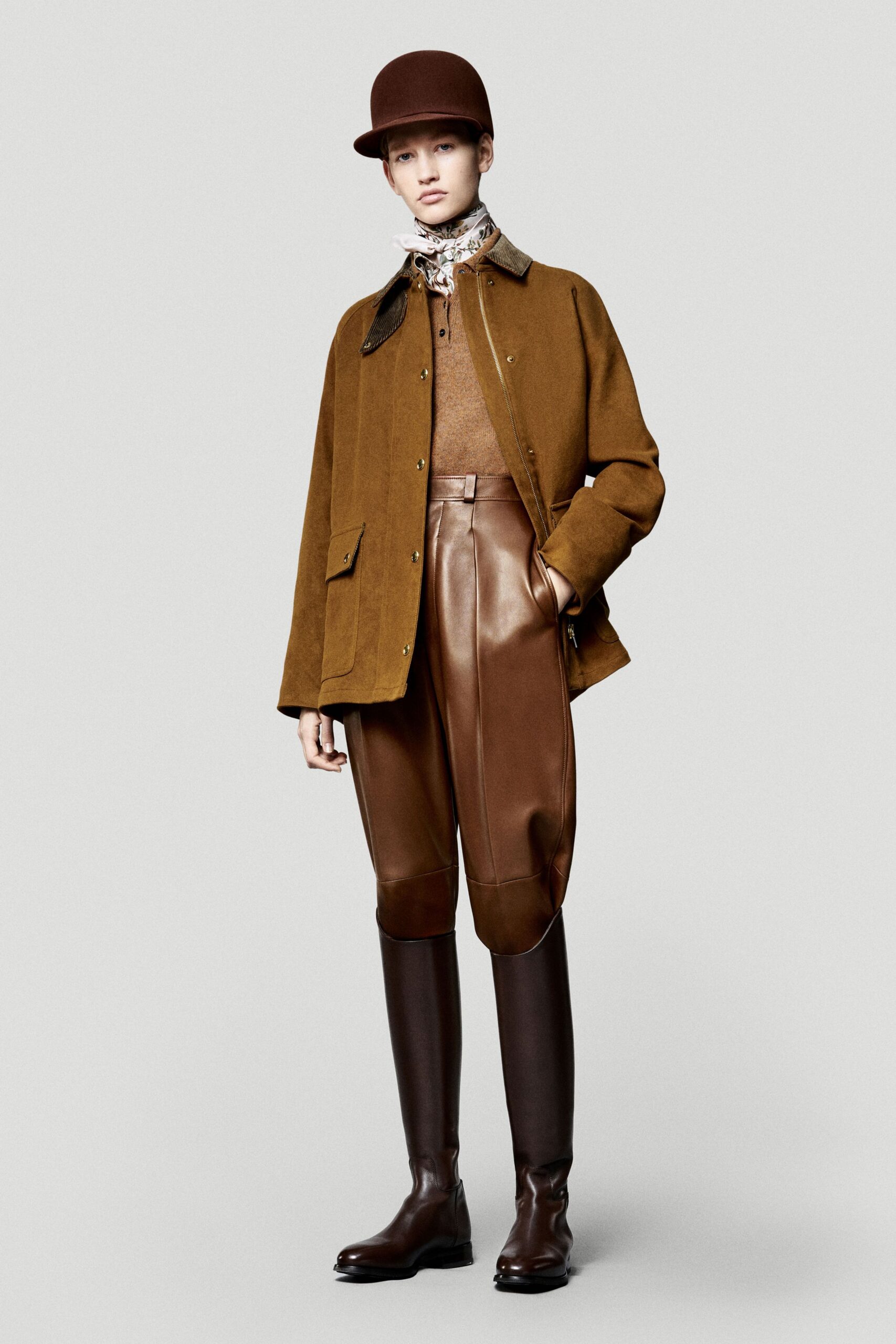 beige wool long-sleeve high-neck fitted top