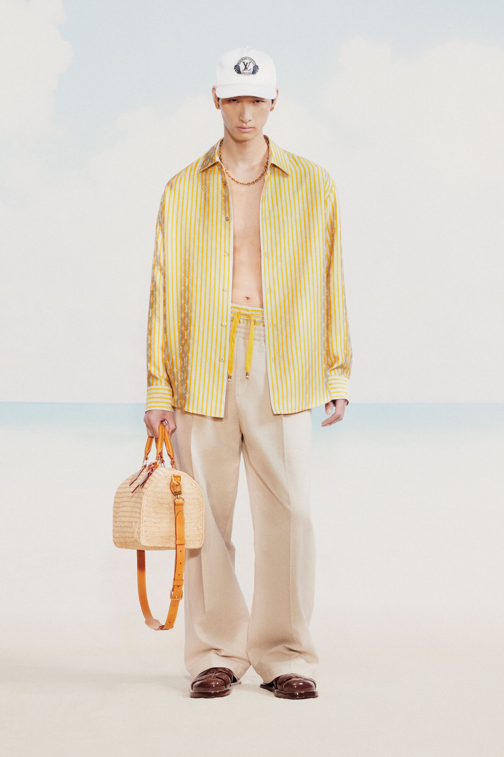 yellow silk long-sleeve collared relaxed striped shirt