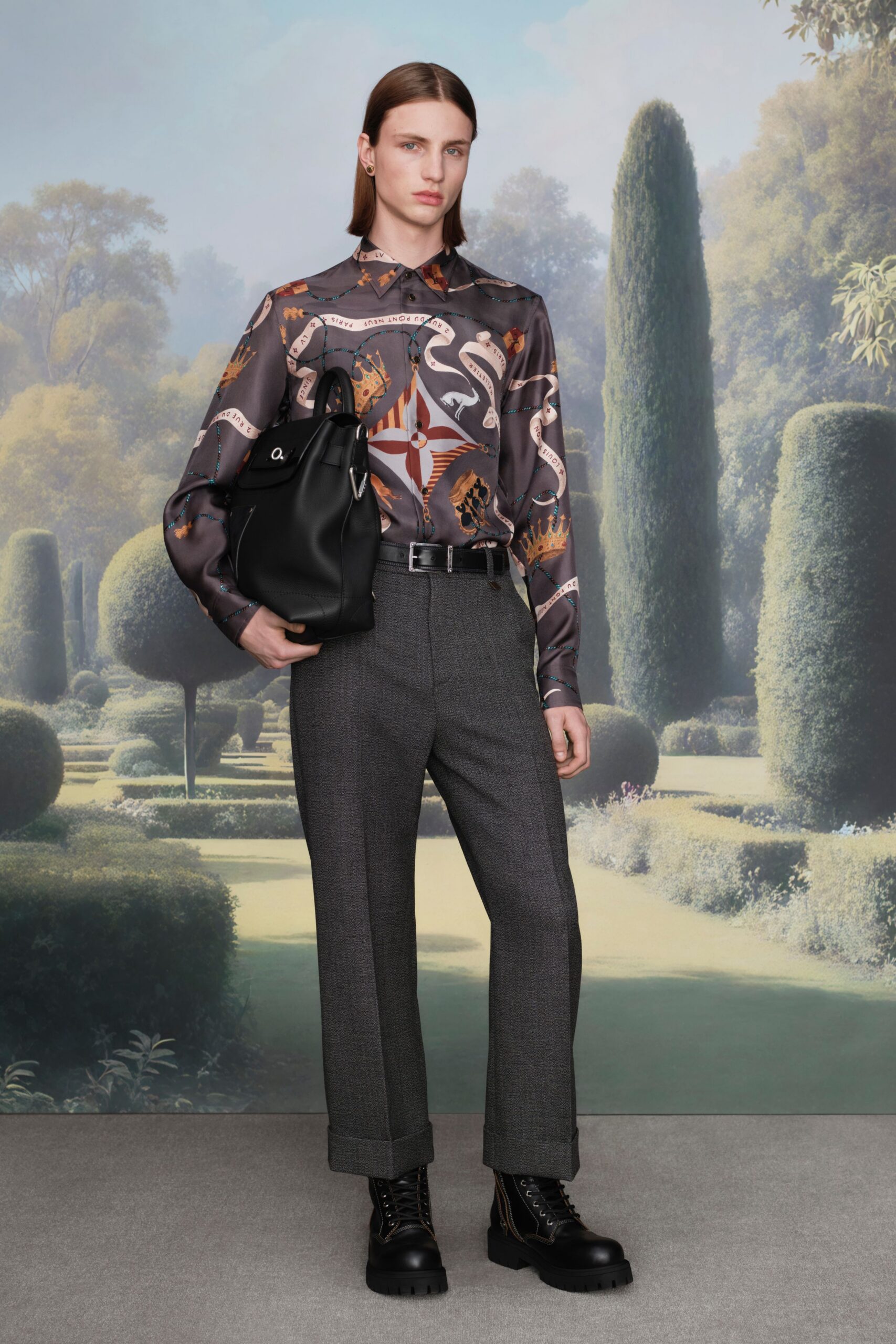 black silk printed shirt with gray pants