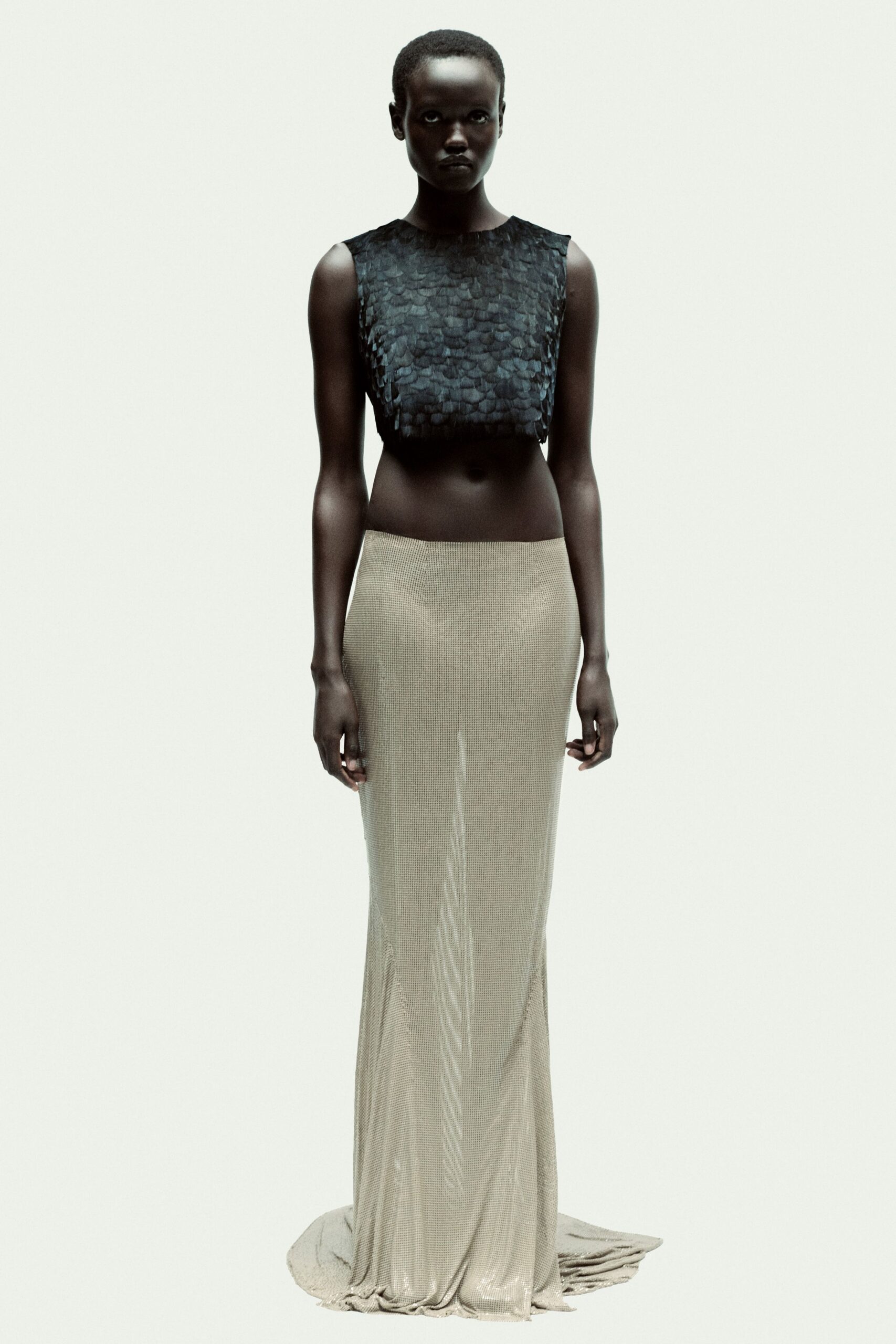 beige satin fitted straight-leg shiny maxi gown