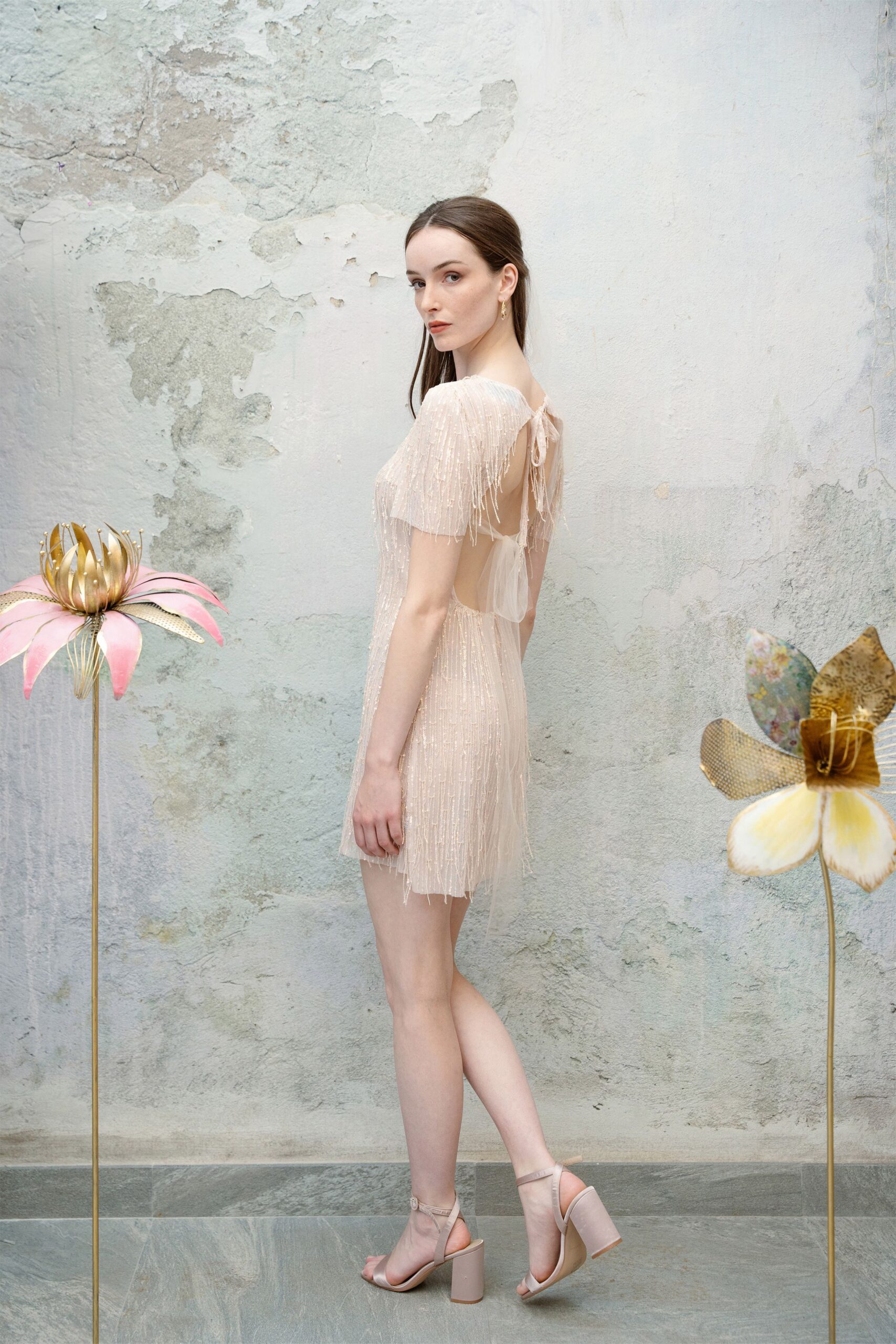 beige silk short-sleeve backless fitted fringed sheer dress