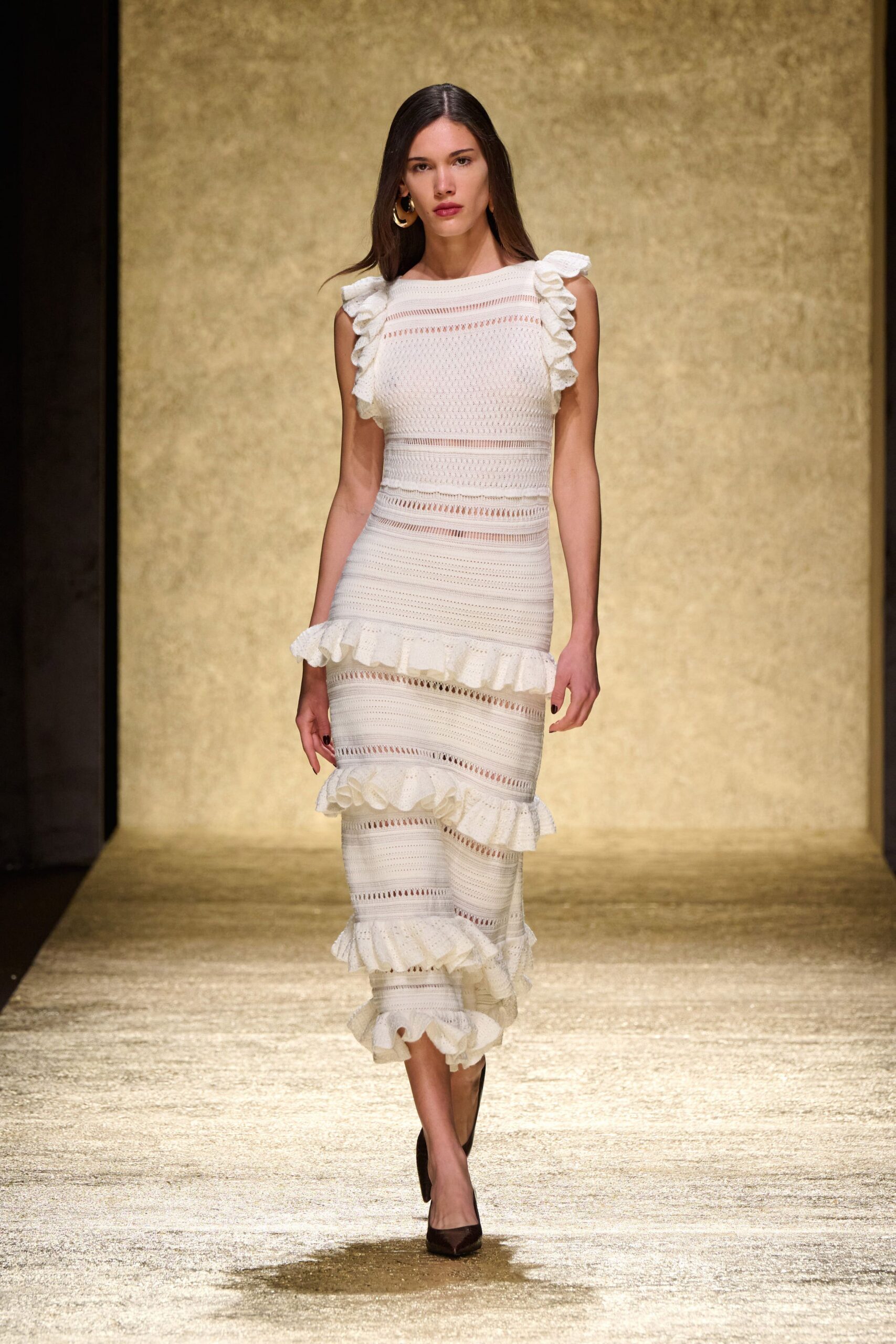 white ruffled midi dress with black heels