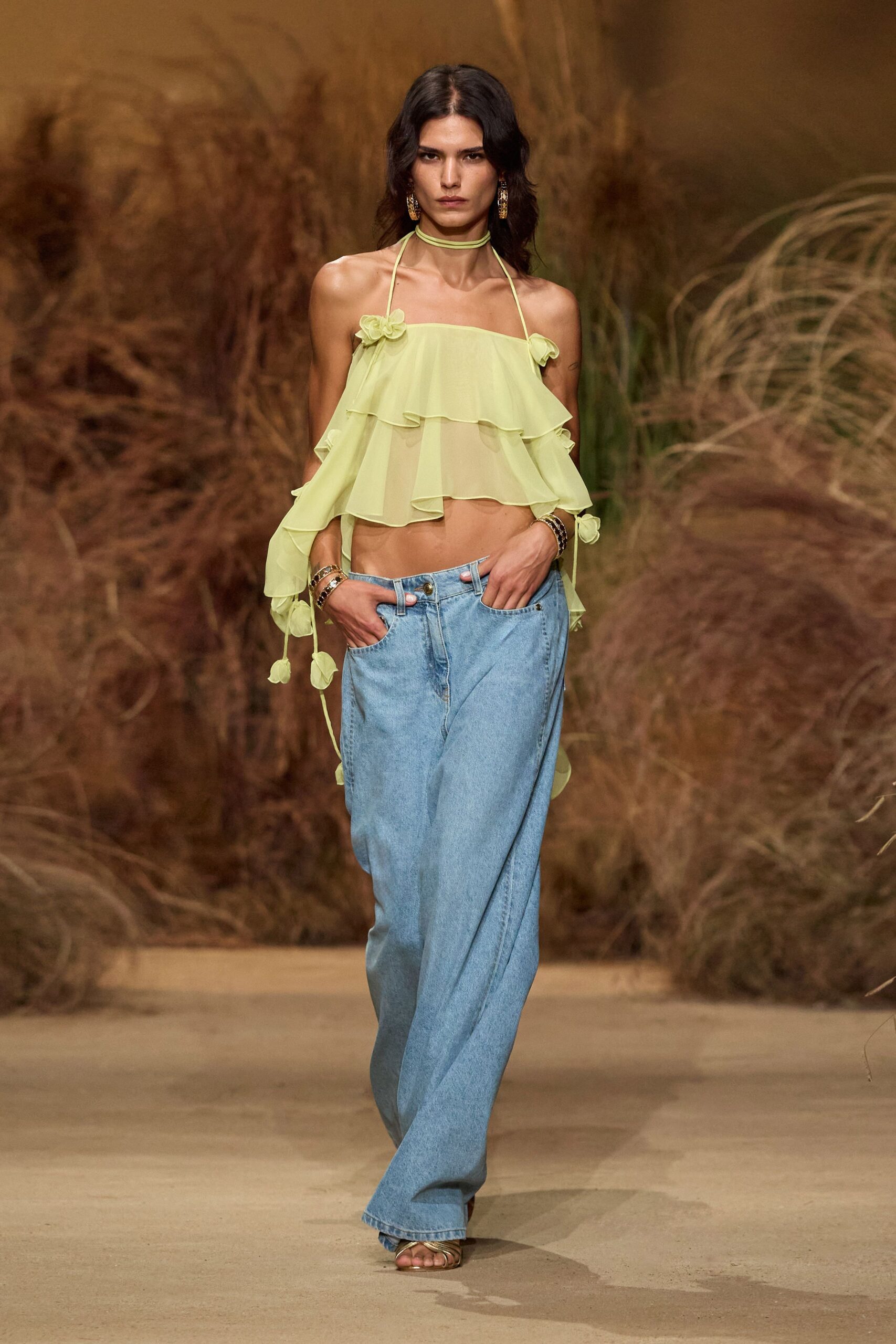 green chiffon sleeveless halter relaxed ruffled flowing top