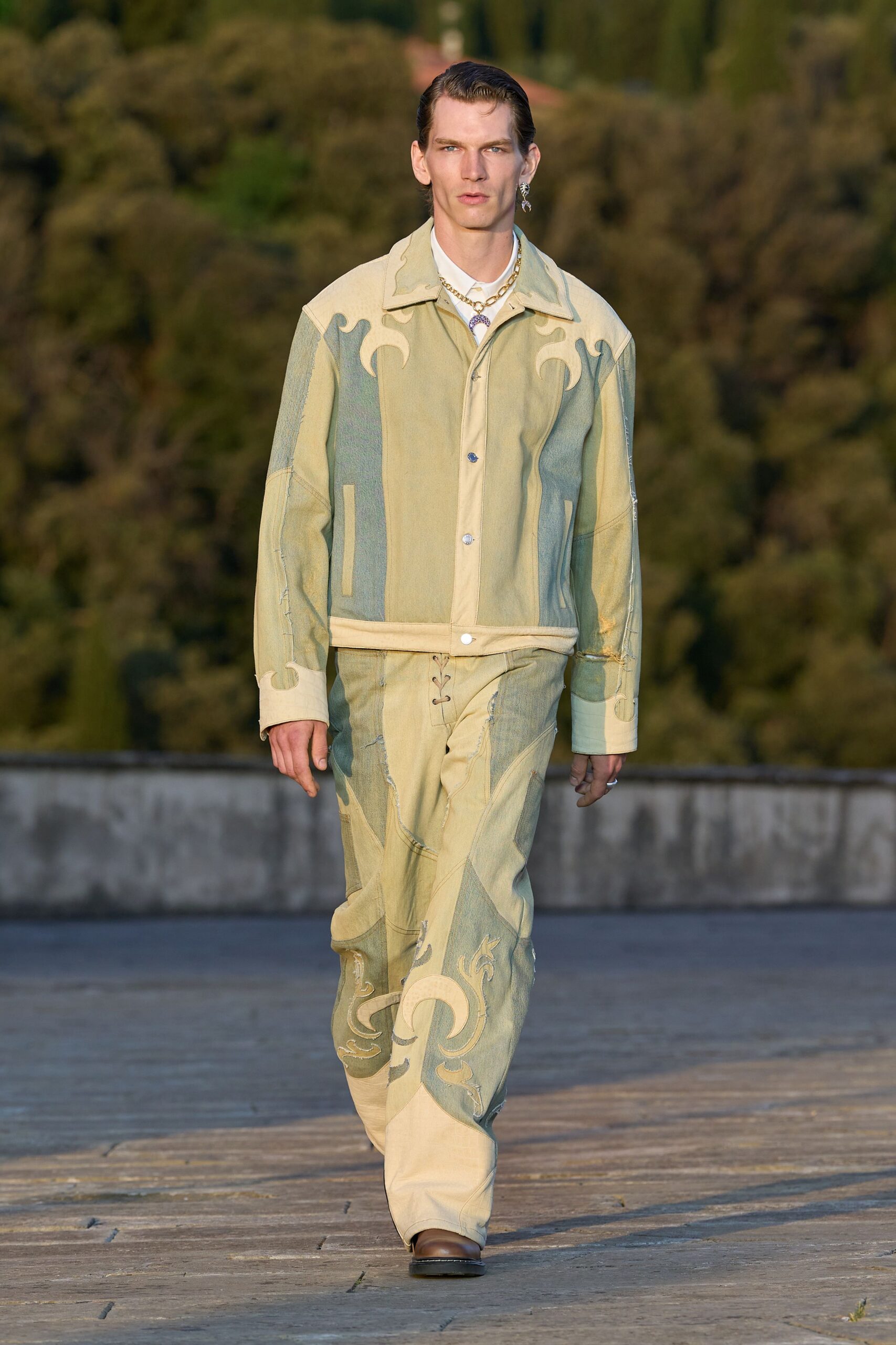 green denim relaxed embroidered straight-leg pants