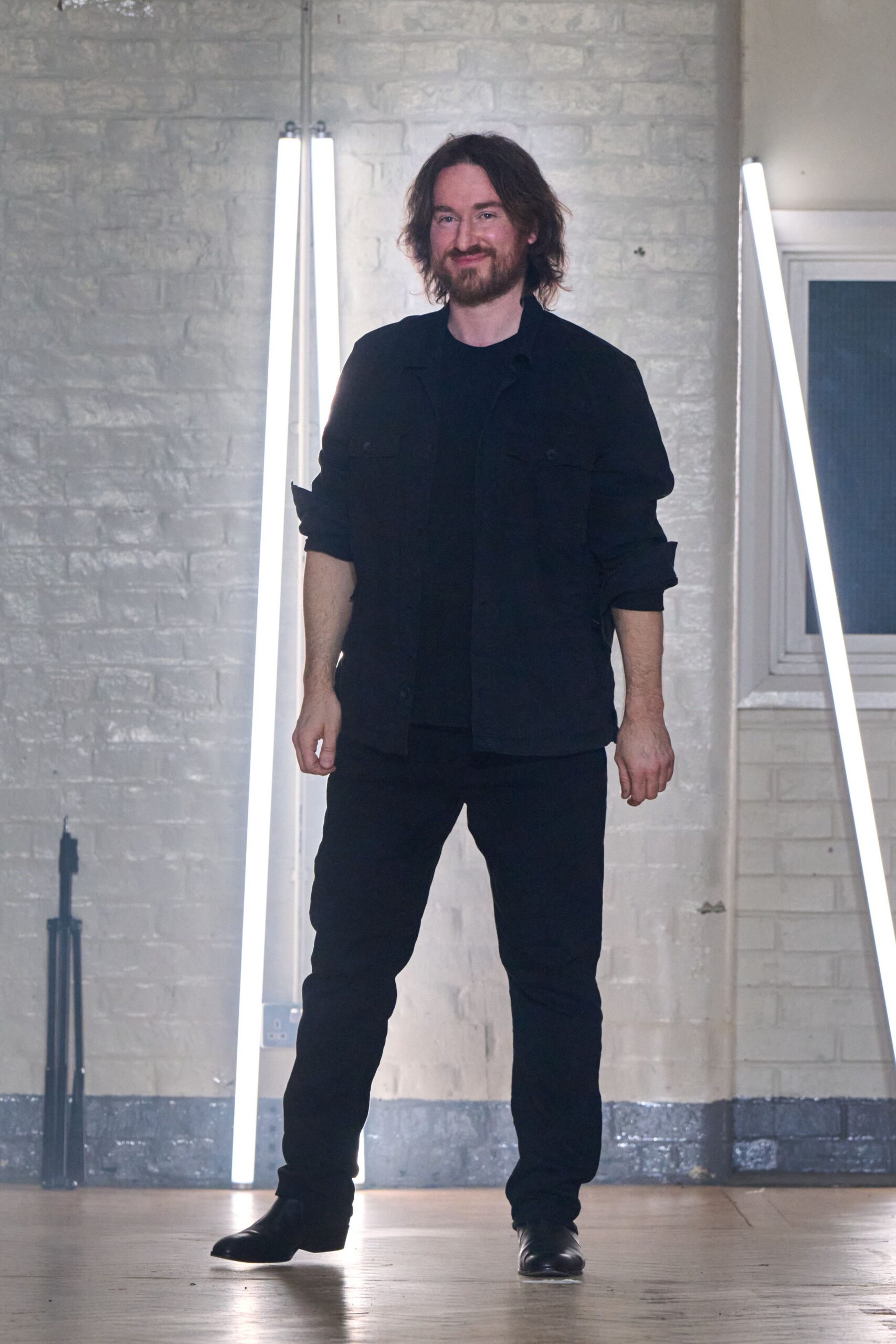 black relaxed jacket with fitted t-shirt