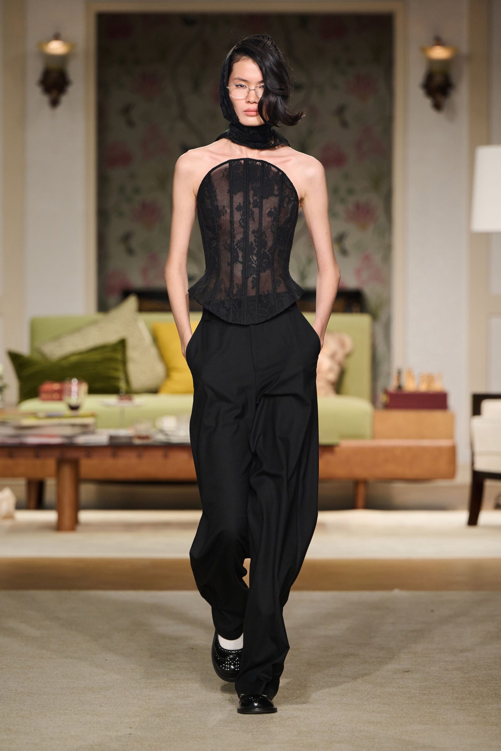 black lace sleeveless high-neck fitted embroidered bustier
