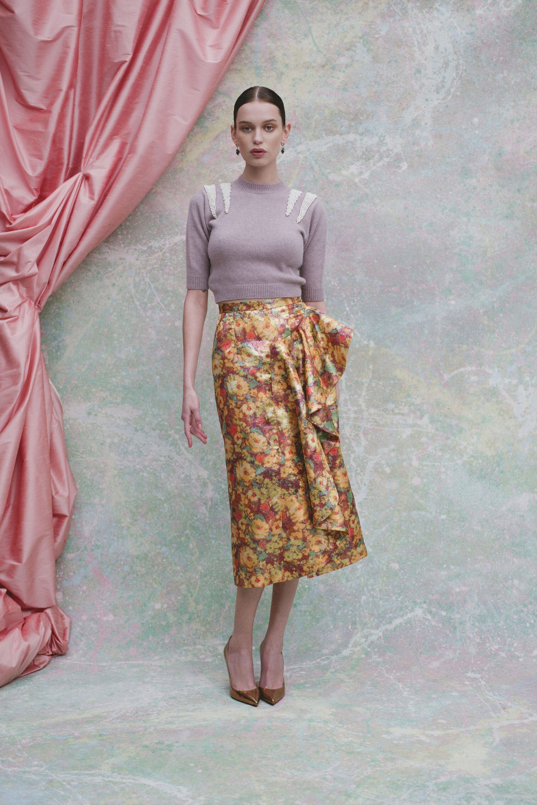 multi silk fitted flared tiered midi skirt