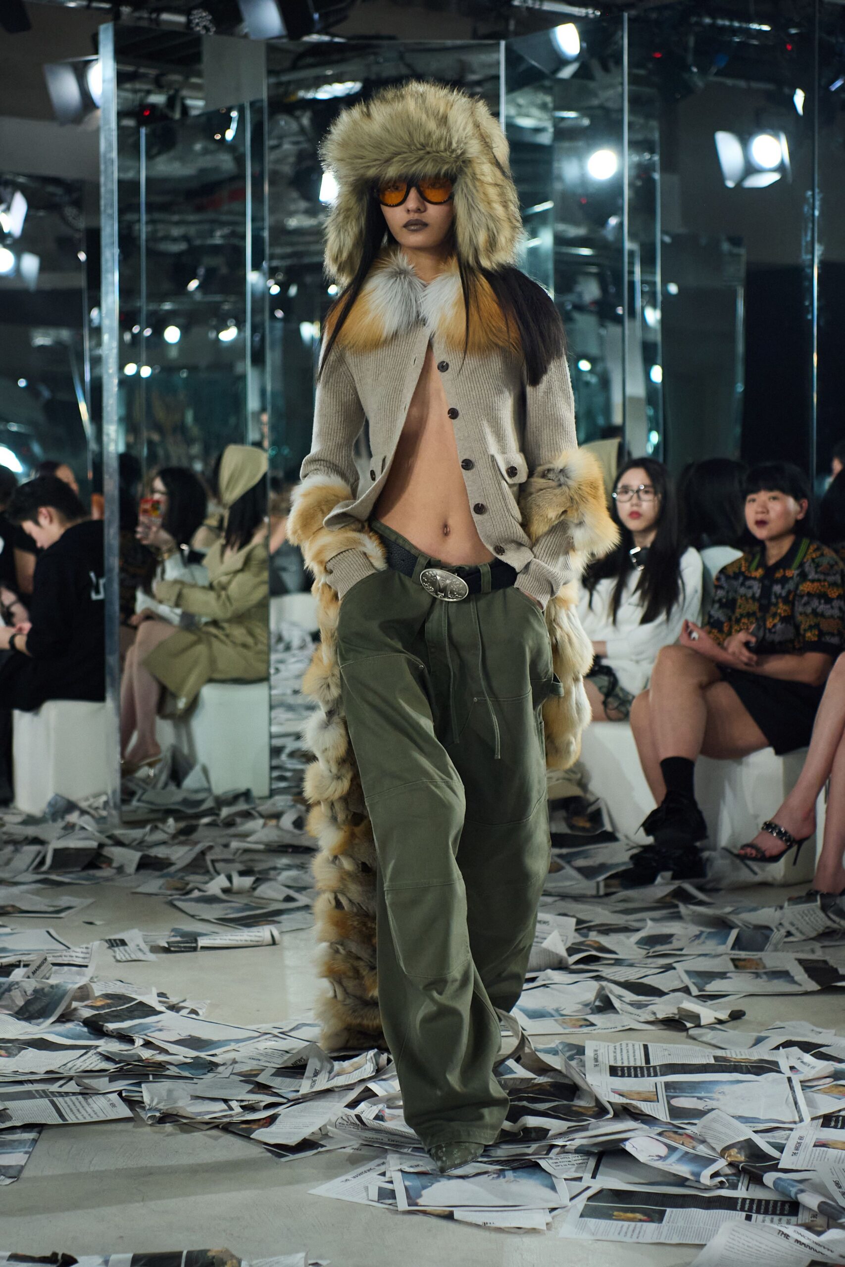 beige fur long-sleeve collared relaxed layered coat