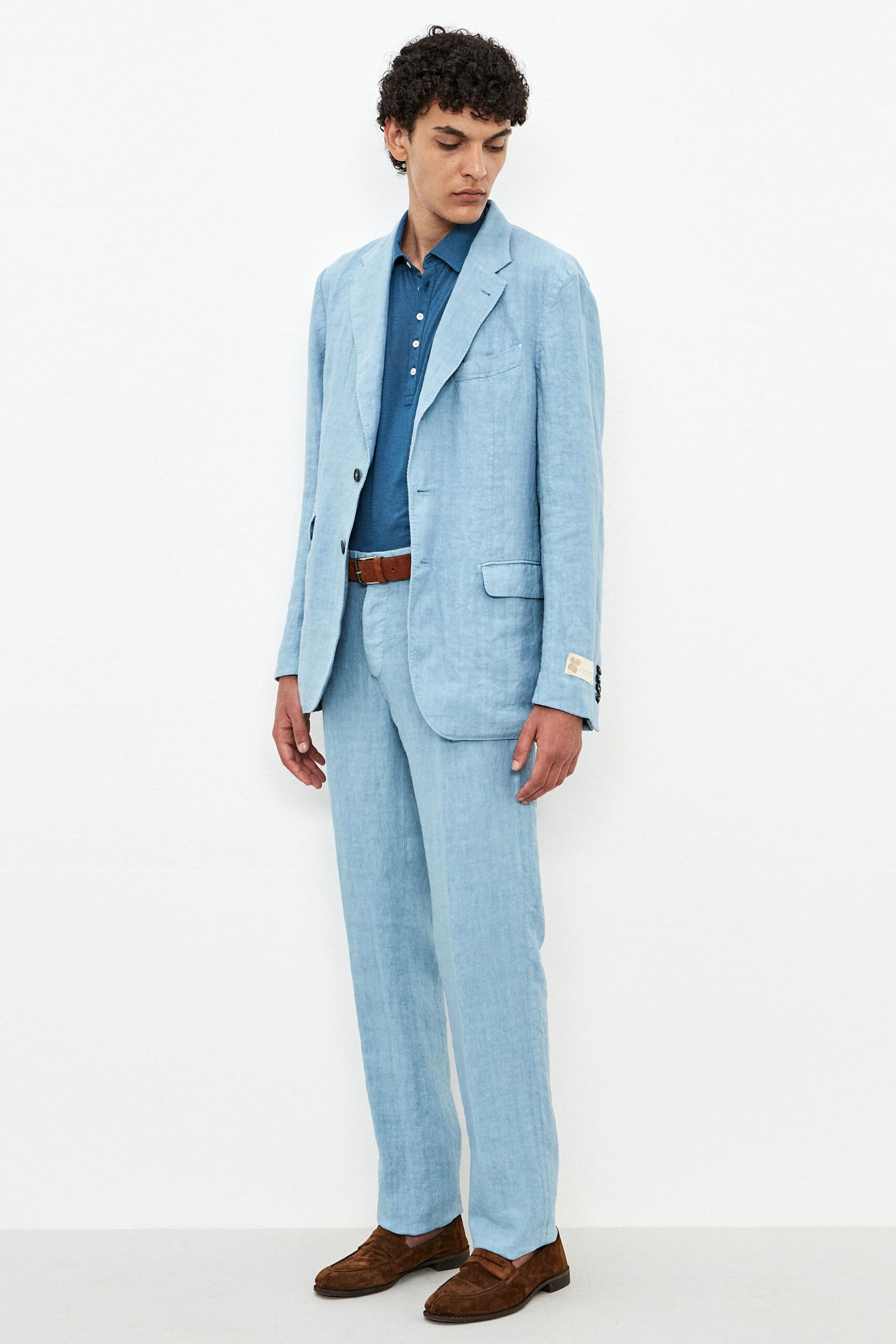 blue linen tailored suit