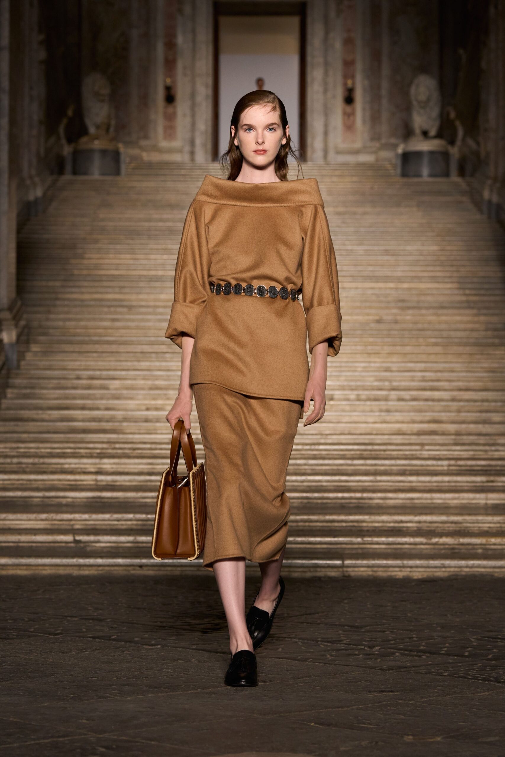 brown wool fitted top and skirt
