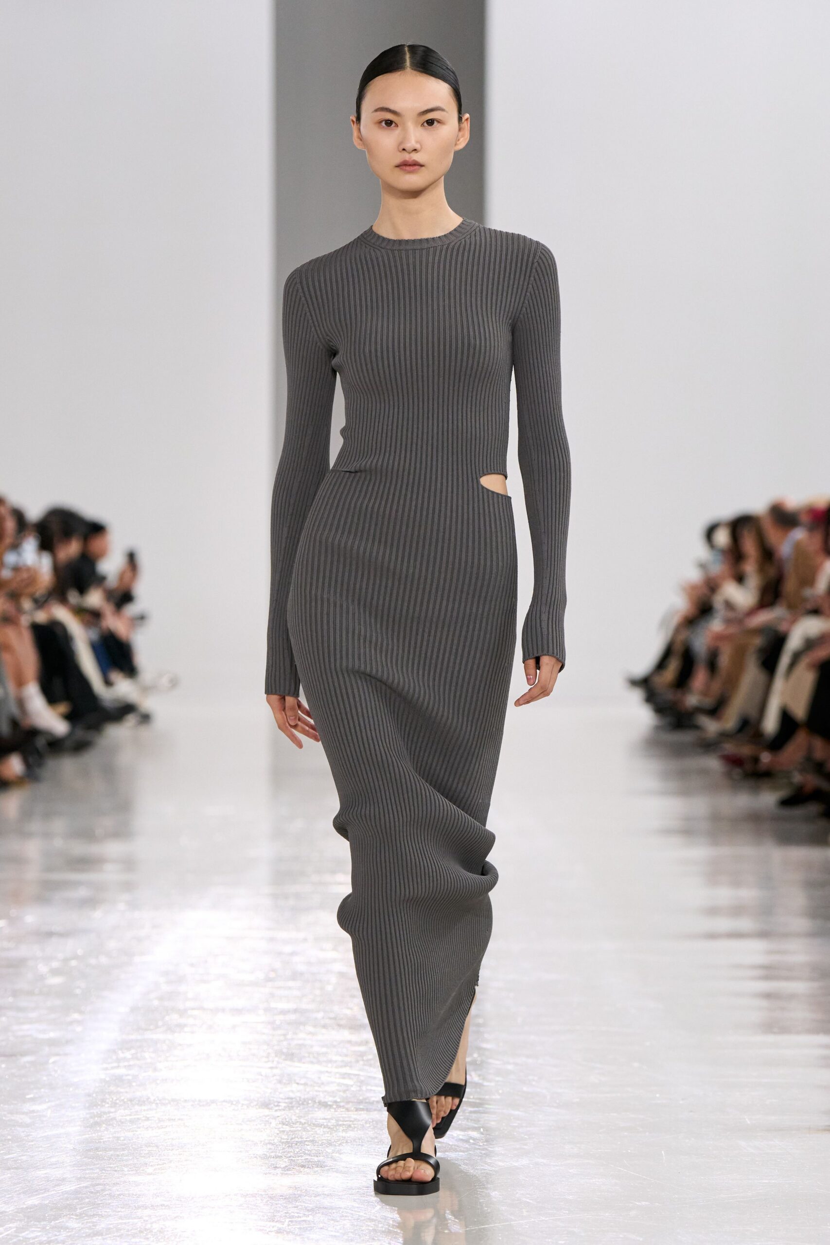 gray knit long-sleeve high-neck fitted ribbed maxi dress