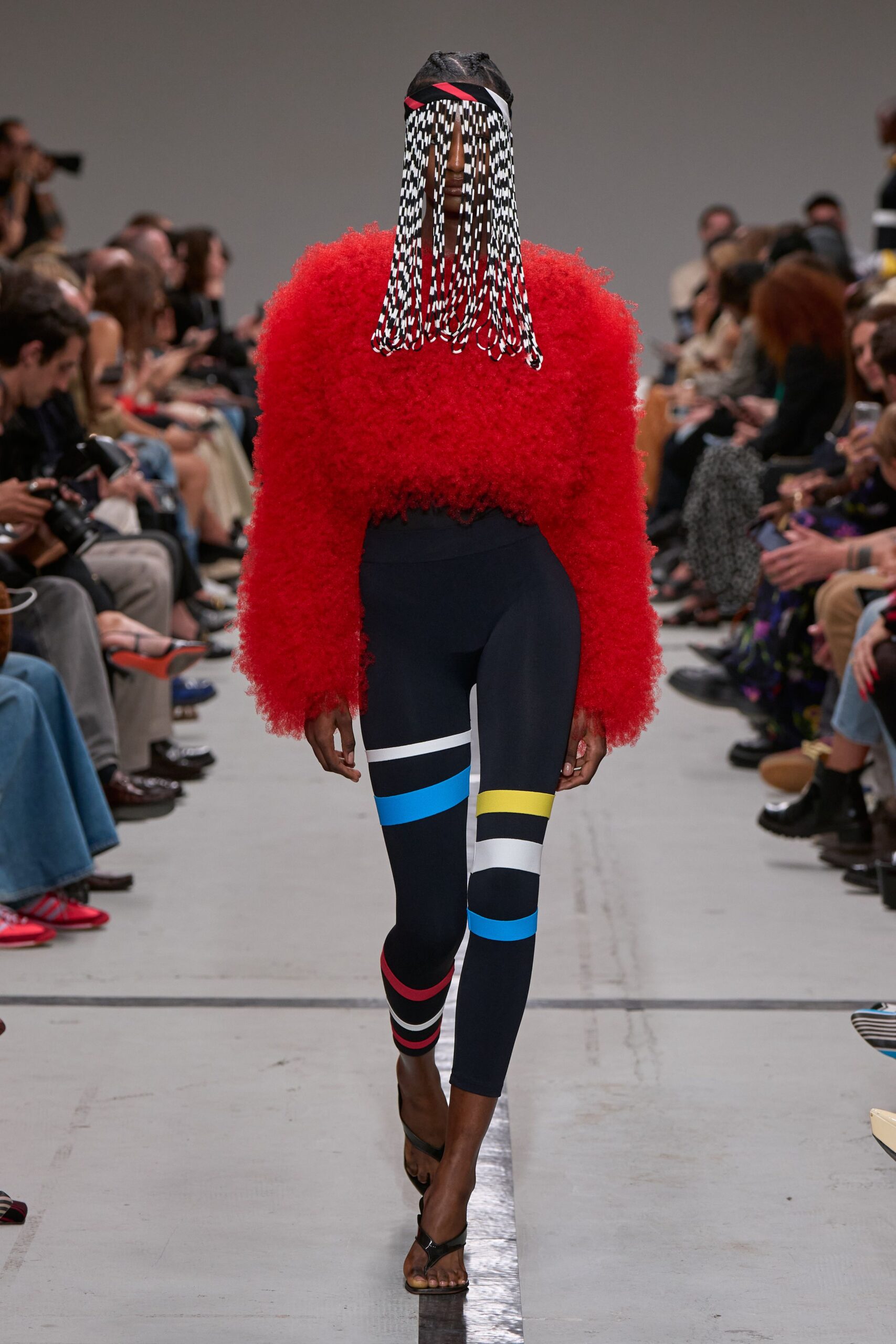 red wool long-sleeve oversized ruffled sweater