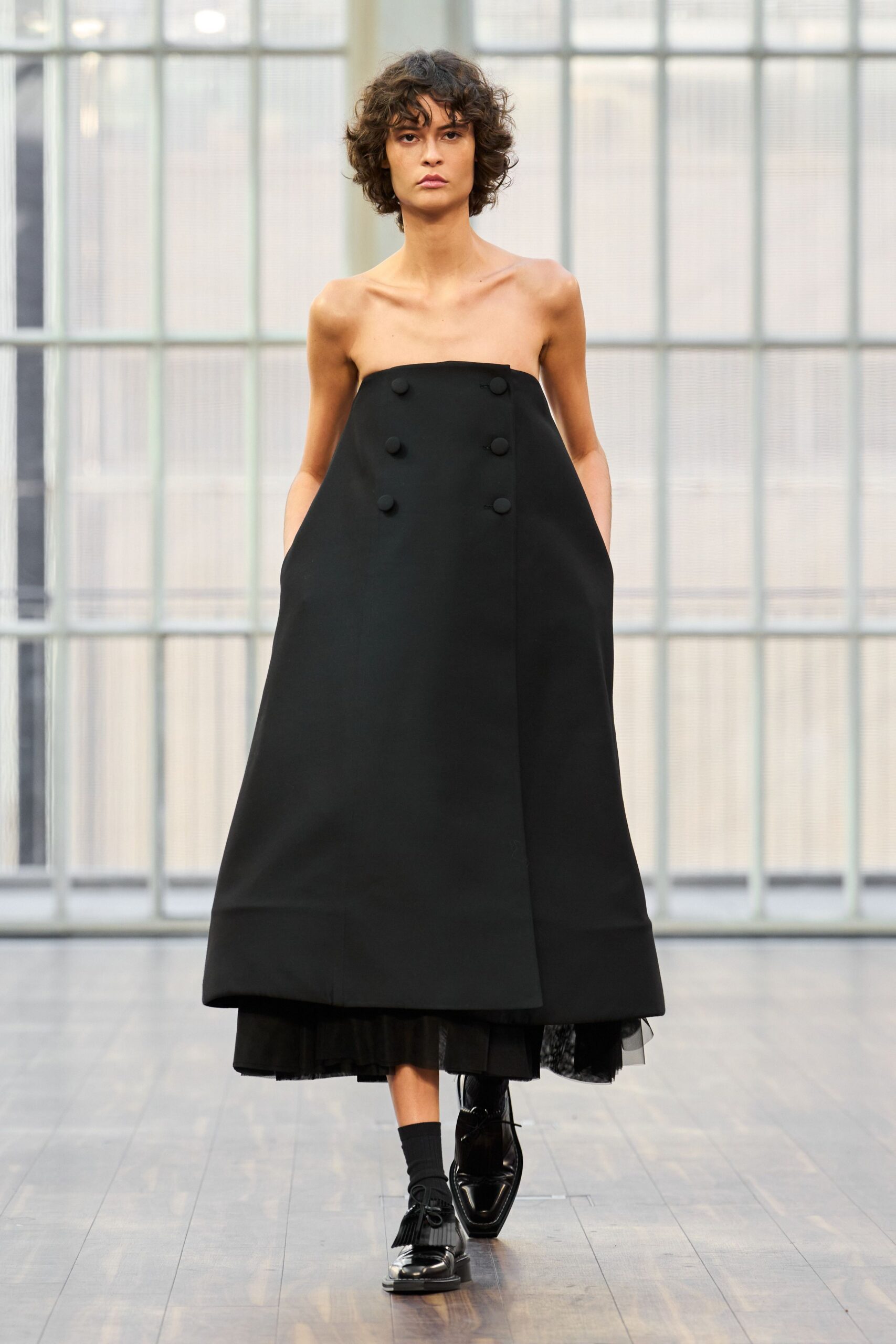 black cotton strapless double-breasted relaxed layered midi dress
