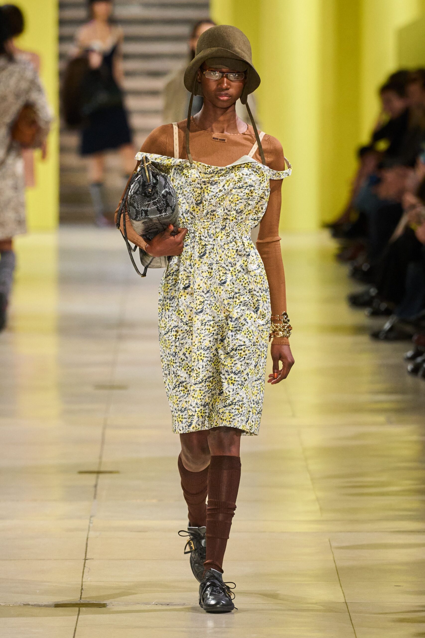 yellow cotton sleeveless off-shoulder fitted floral mini dress