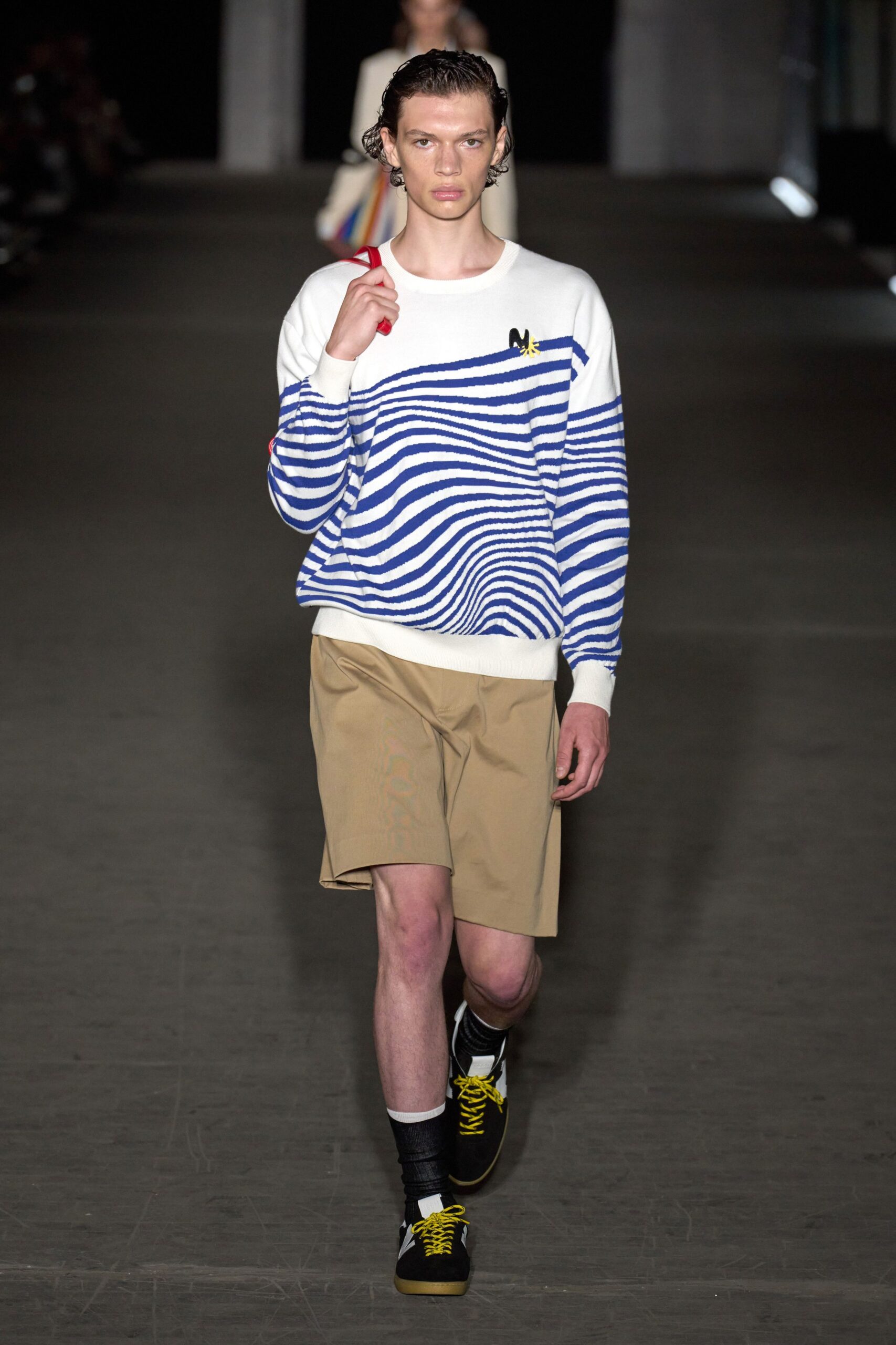 white cotton long-sleeve collared relaxed striped sweater